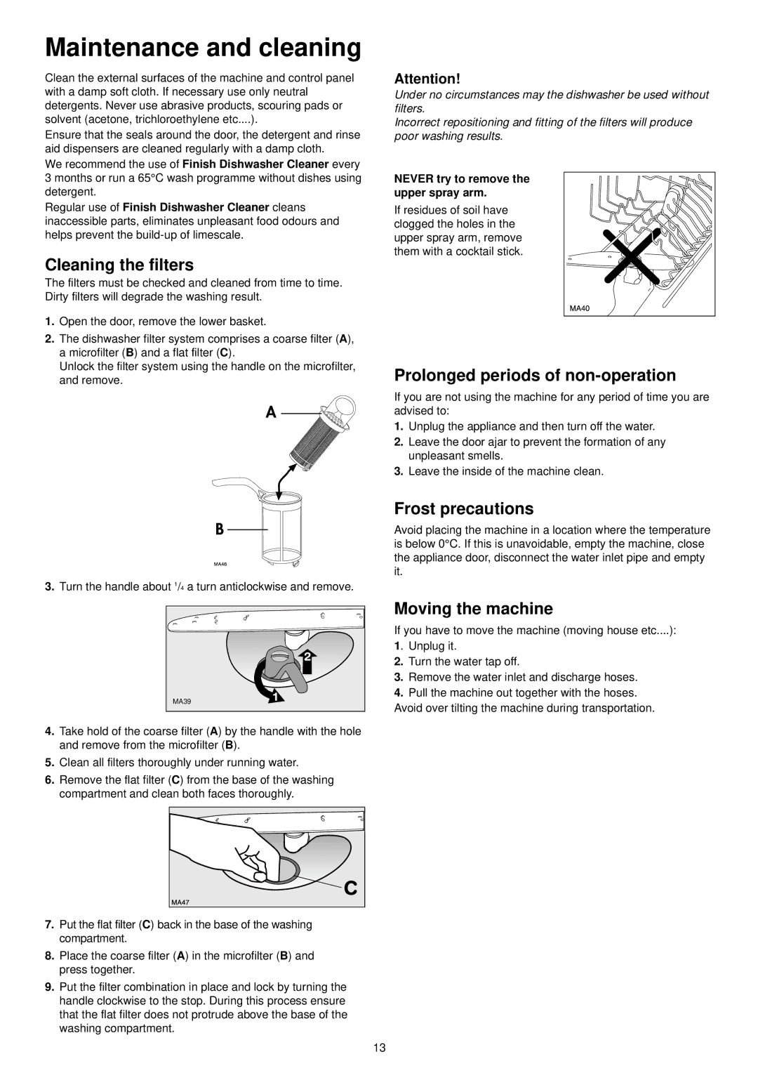 Tricity Bendix BDW 55 manual Maintenance and cleaning, Cleaning the filters, Prolonged periods of non-operation 