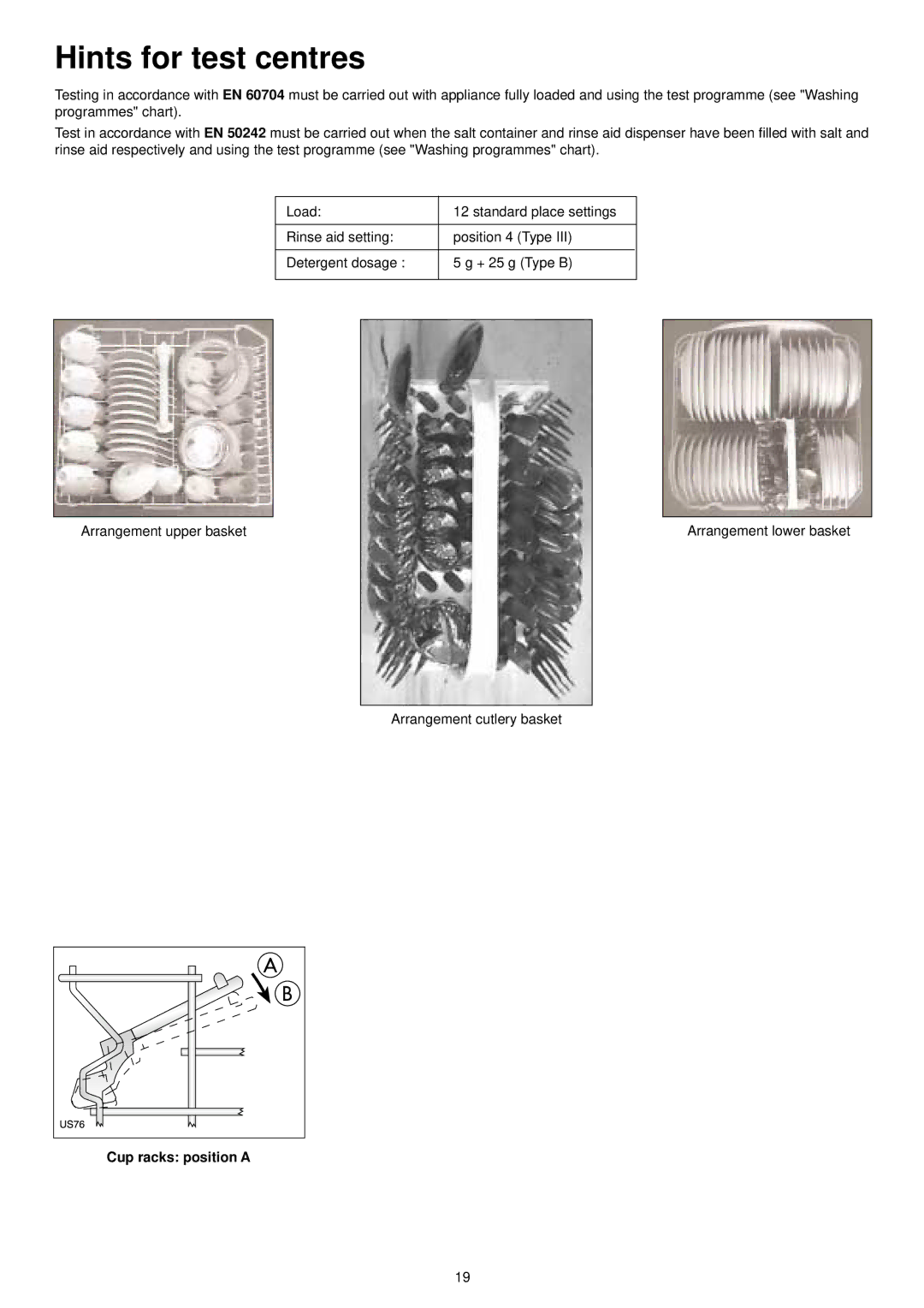 Tricity Bendix BDW 55 manual Hints for test centres, Cup racks position a 