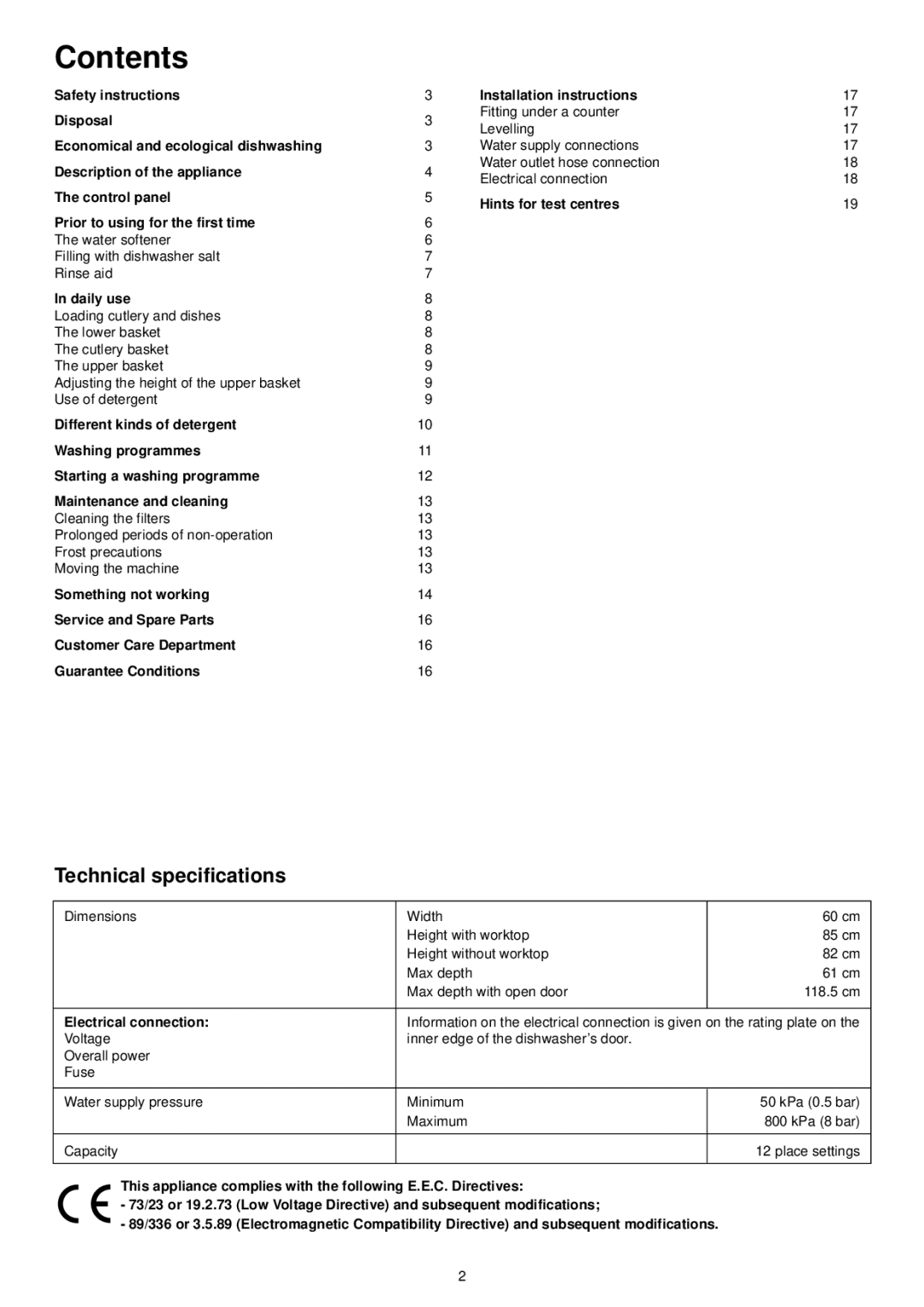 Tricity Bendix BDW 55 manual Contents 