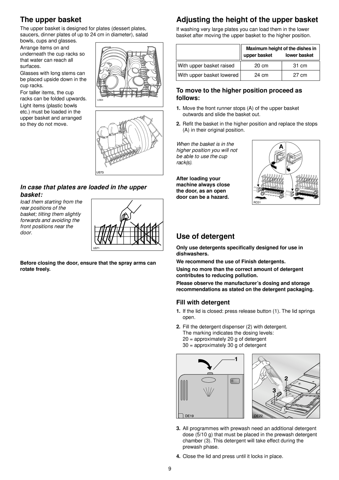 Tricity Bendix BDW 55 manual Upper basket, Adjusting the height of the upper basket, Use of detergent, Fill with detergent 