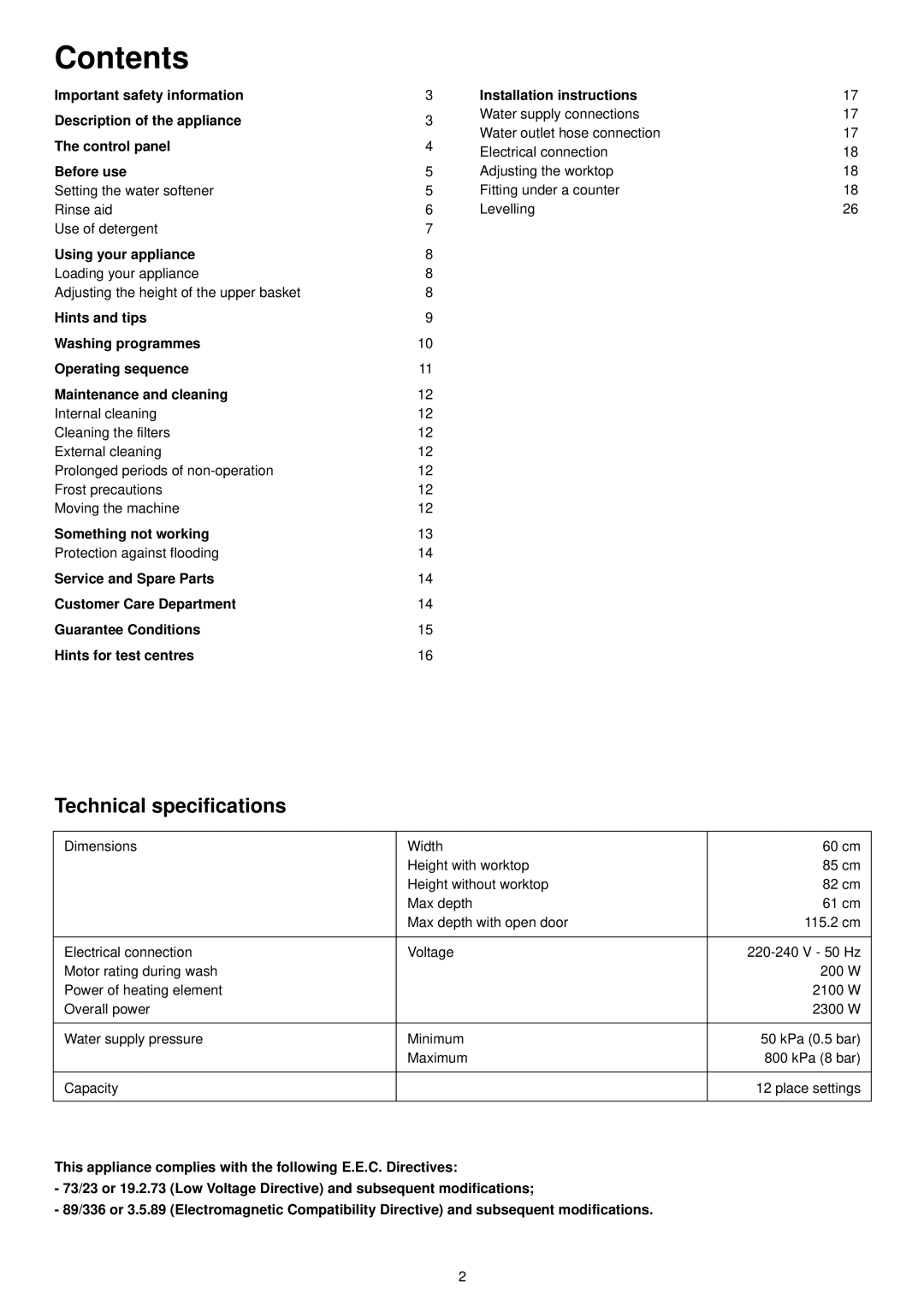 Tricity Bendix BDW 60 manual Contents 