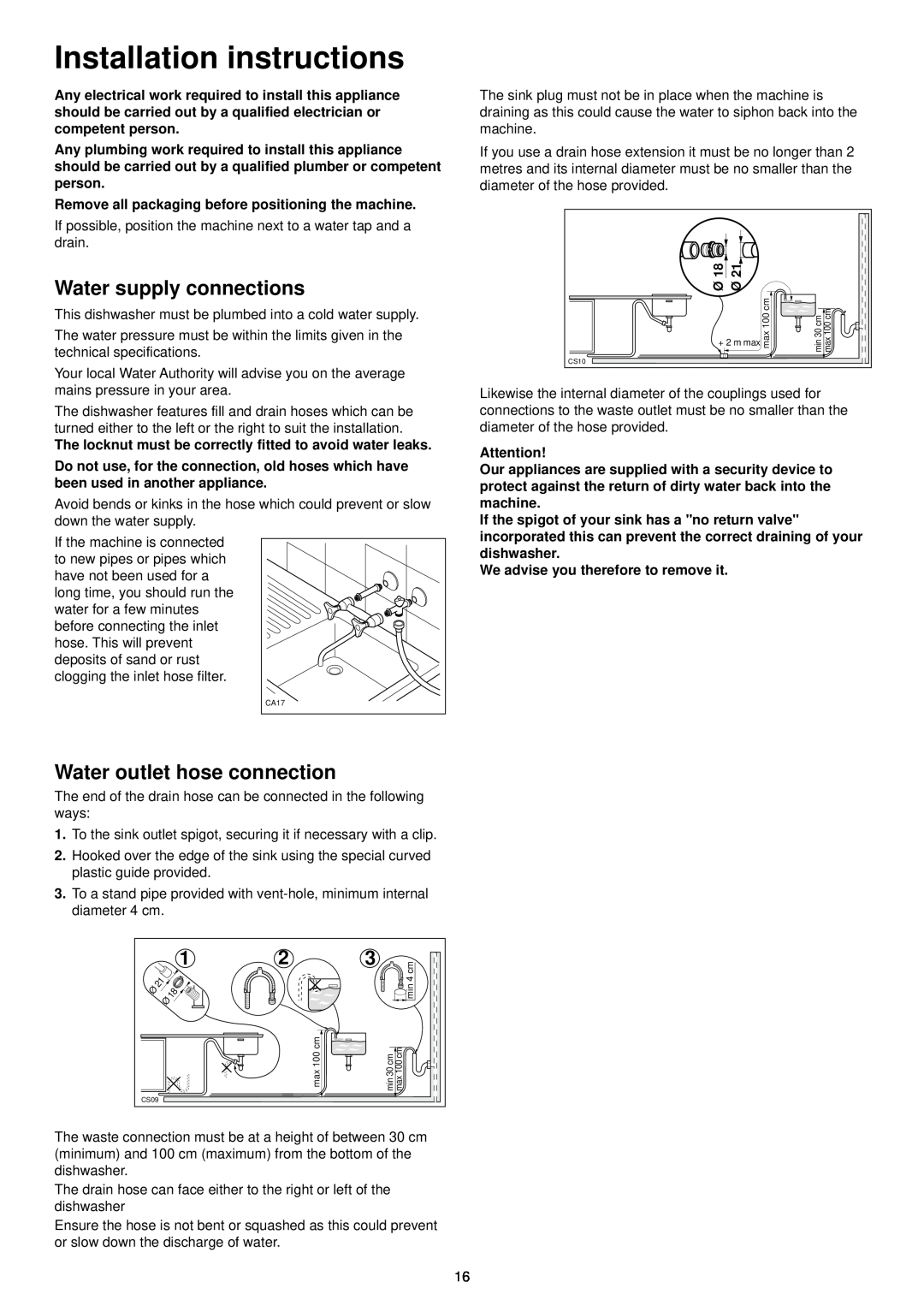 Tricity Bendix BDW 60 manual Installation instructions, Water supply connections, Water outlet hose connection 