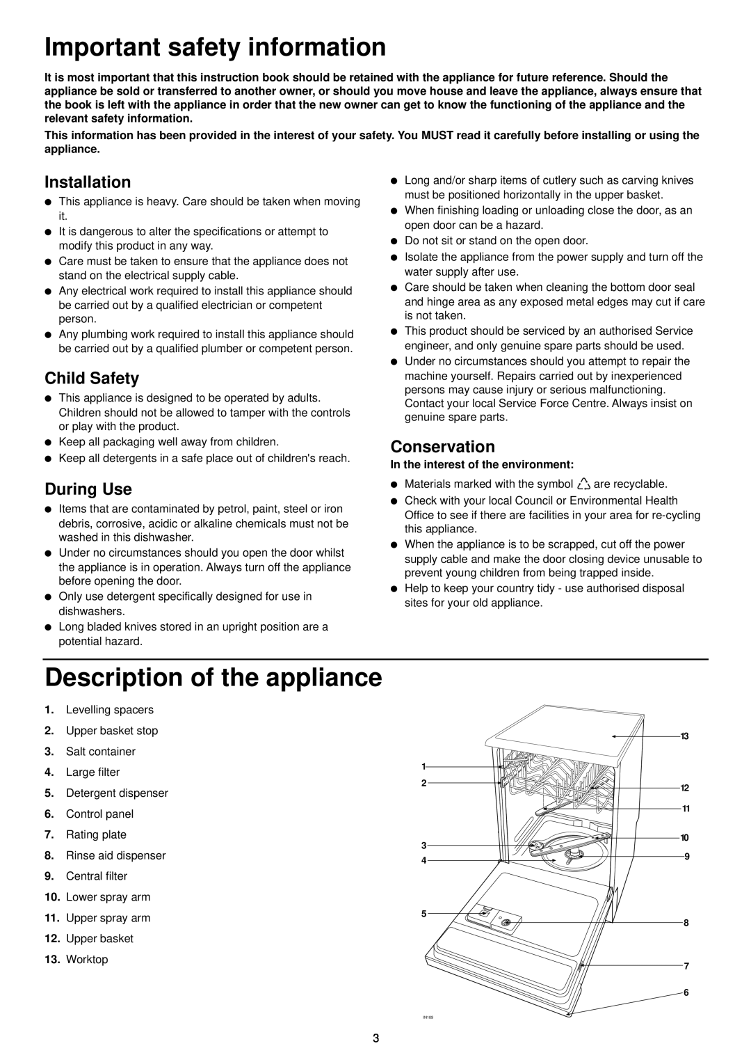 Tricity Bendix BDW 60 Important safety information, Description of the appliance, Installation, Child Safety, During Use 