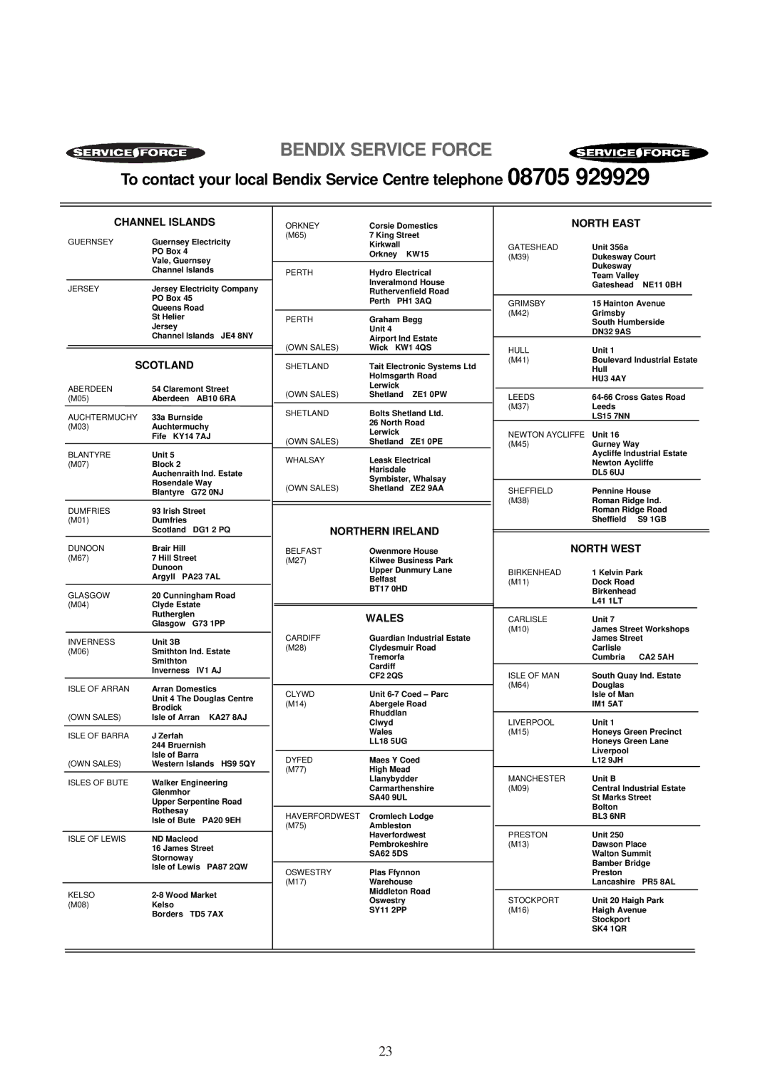 Tricity Bendix BIW 100 installation instructions Bendix Service Force 