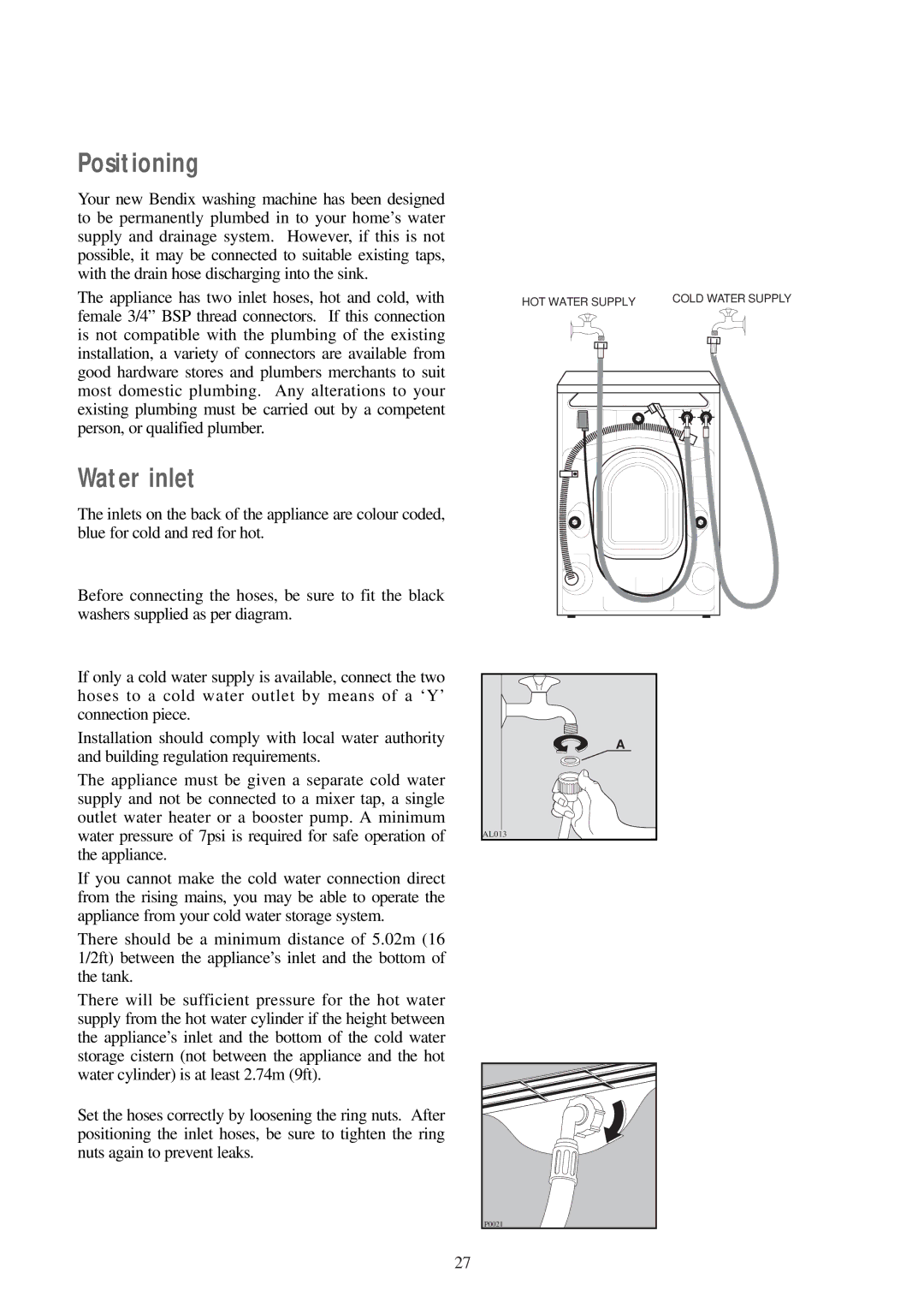 Tricity Bendix BIW 100 installation instructions Positioning, Water inlet 