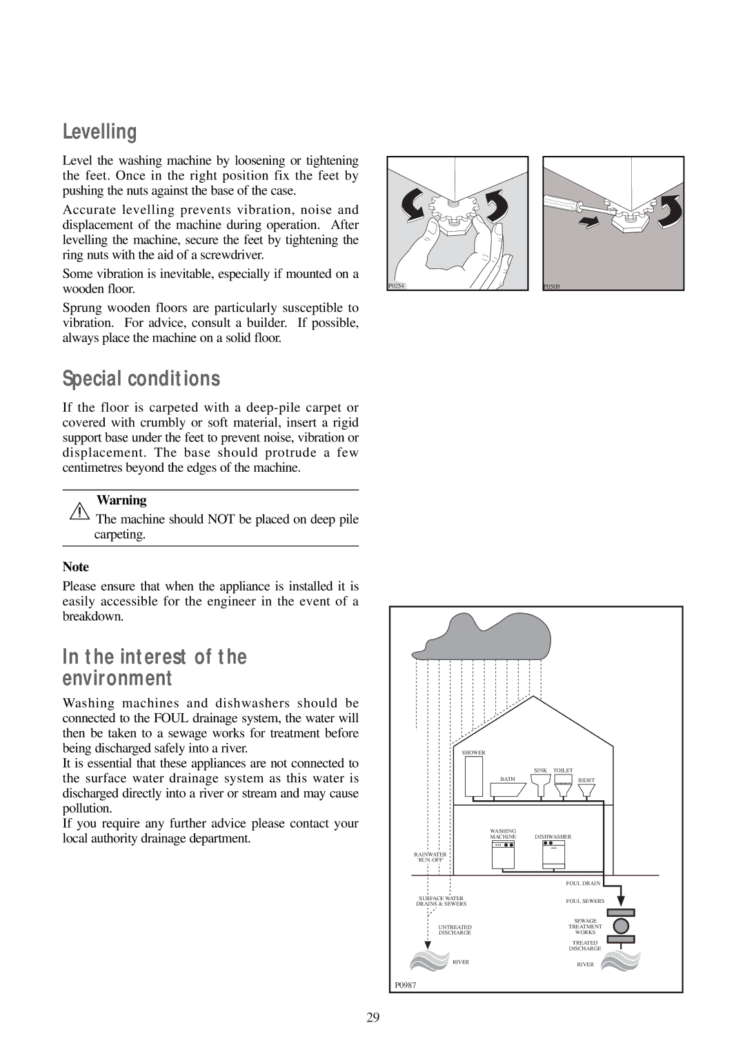 Tricity Bendix BIW 100 installation instructions Levelling, Special conditions 