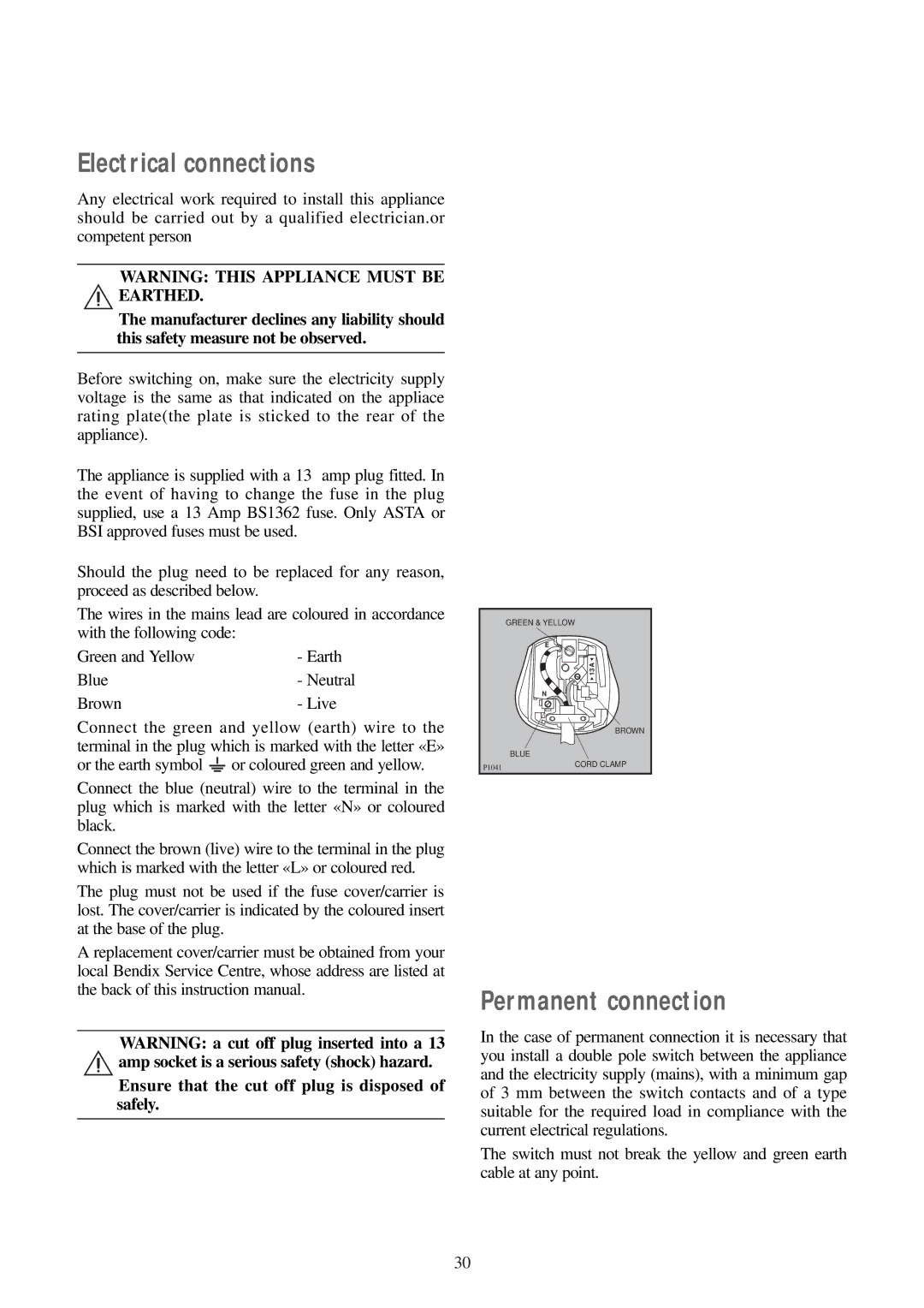 Tricity Bendix BIW 100 Electrical connections, Permanent connection, Ensure that the cut off plug is disposed of safely 