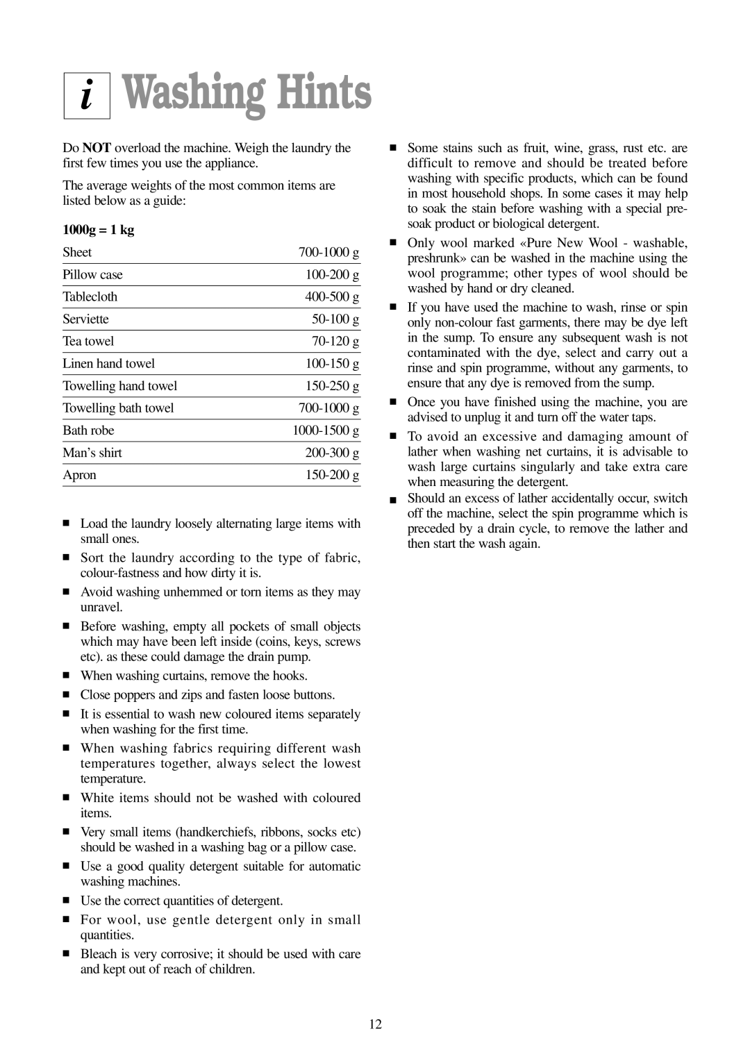 Tricity Bendix BIW 102 installation instructions Washing Hints, 1000g = 1 kg 