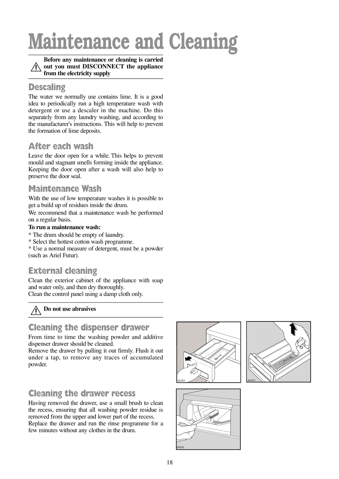 Tricity Bendix BIW 102 installation instructions Maintenance and Cleaning 