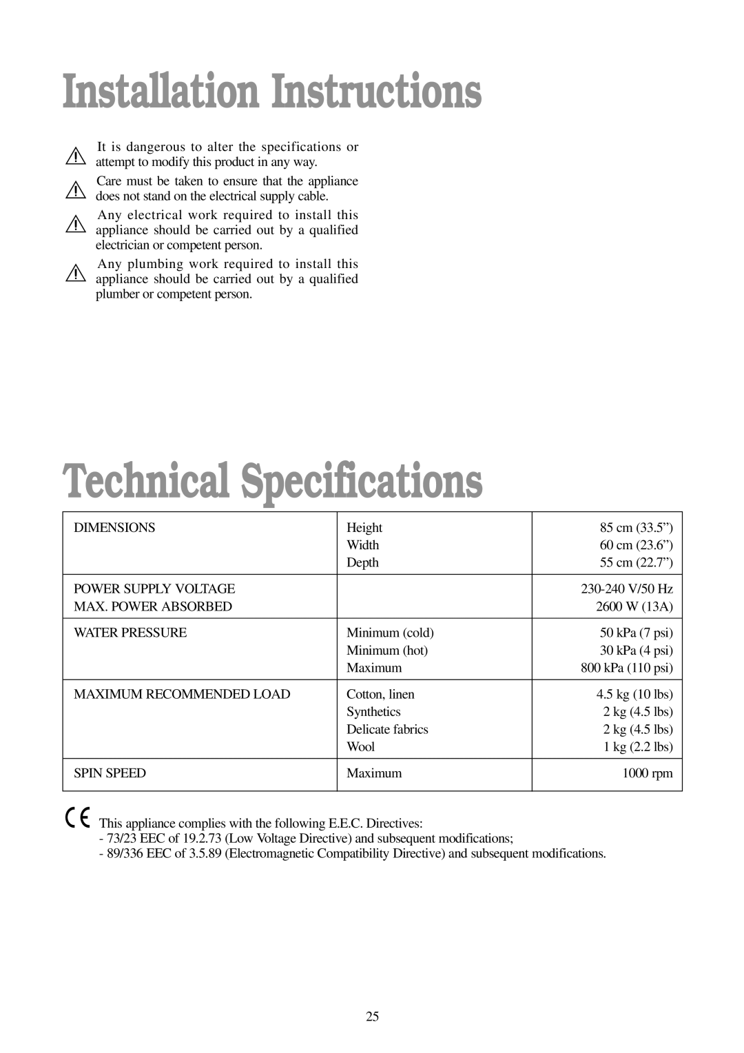 Tricity Bendix BIW 102 installation instructions Installation Instructions, Technical Specifications 