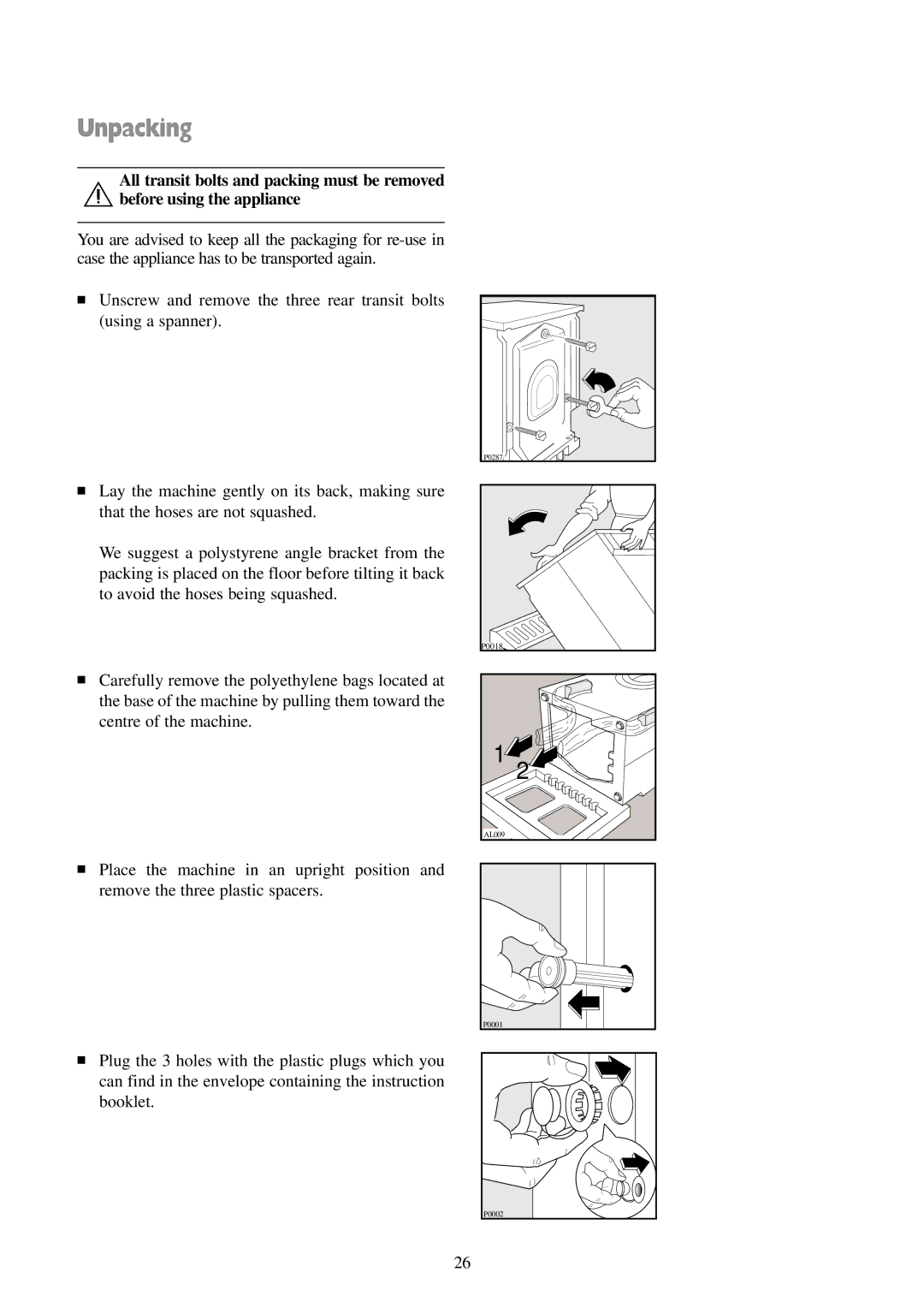 Tricity Bendix BIW 102 installation instructions Unpacking 