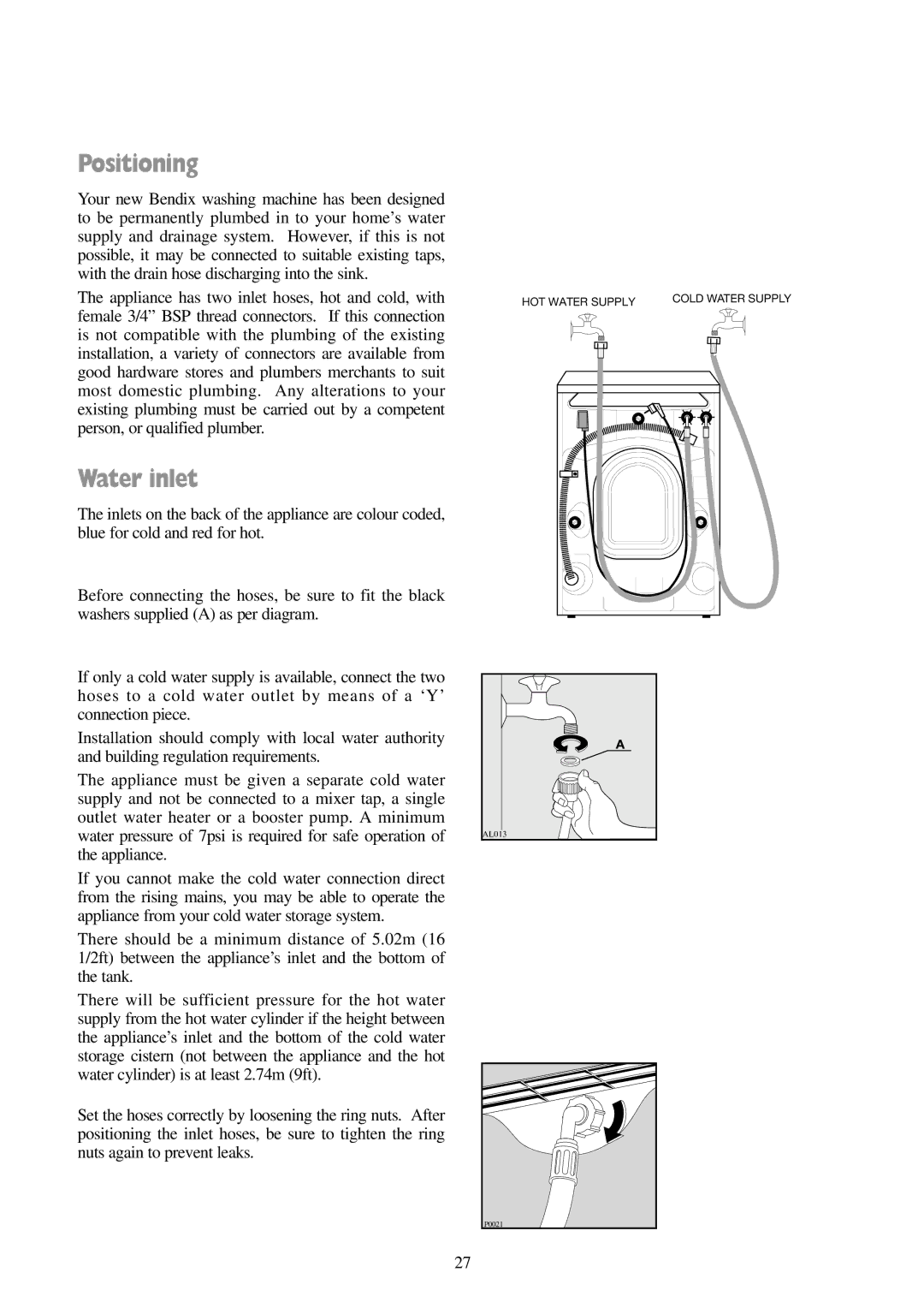 Tricity Bendix BIW 102 installation instructions Positioning, Water inlet 