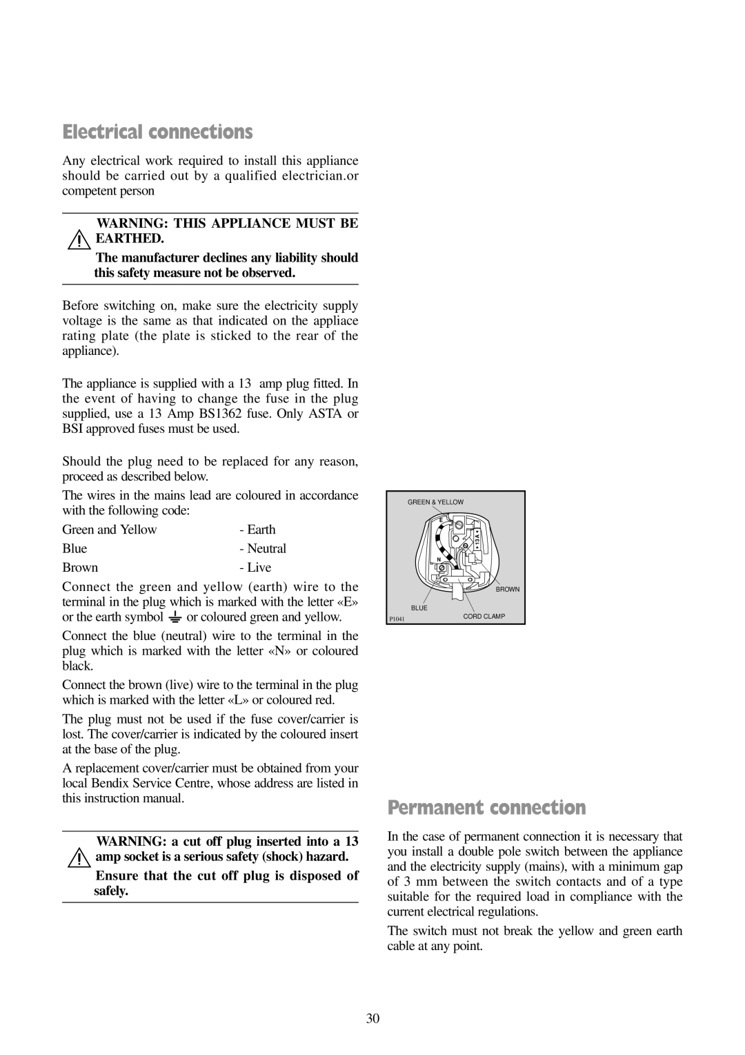 Tricity Bendix BIW 102 Electrical connections, Permanent connection, Ensure that the cut off plug is disposed of safely 