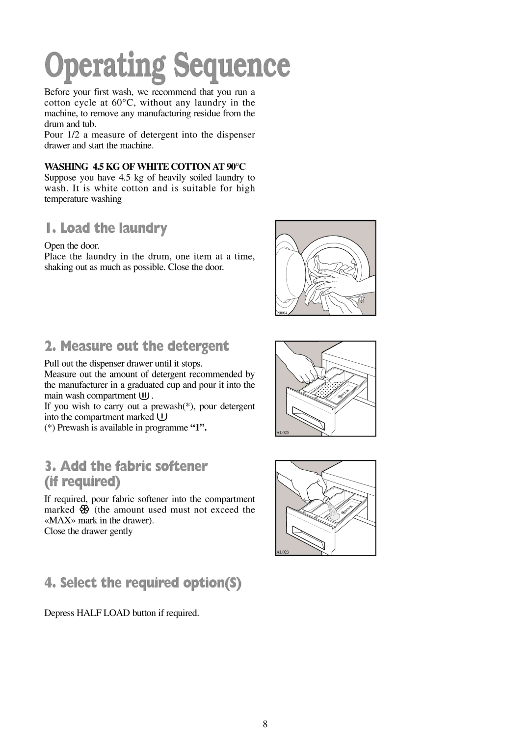 Tricity Bendix BIW 102 Operating Sequence, Load the laundry, Measure out the detergent, Select the required optionS 