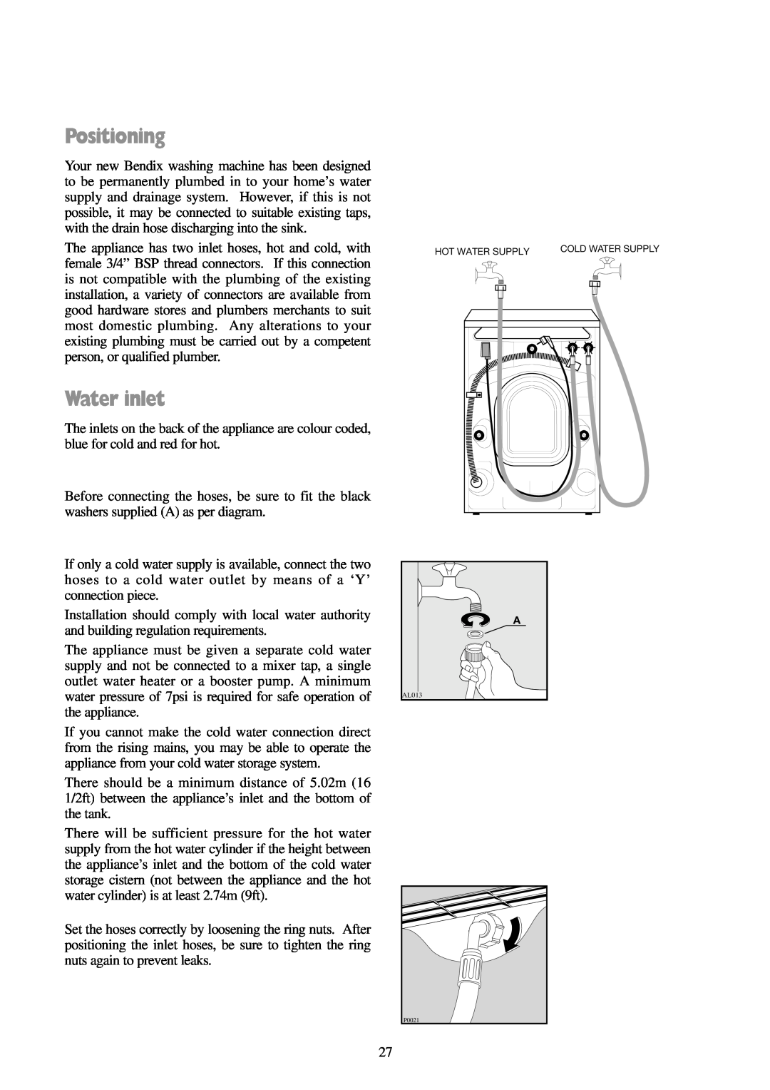 Tricity Bendix BIW 102 installation instructions Positioning, Water inlet 
