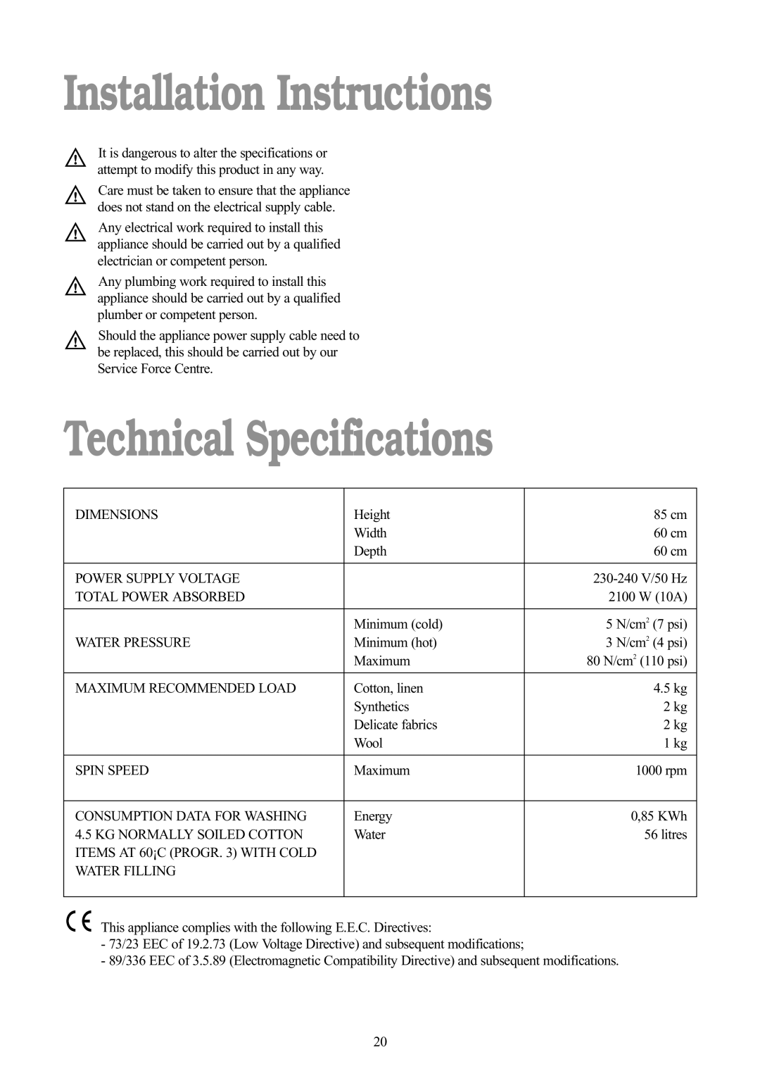 Tricity Bendix BIW 103 W installation instructions Installation Instructions, Technical Specifications 