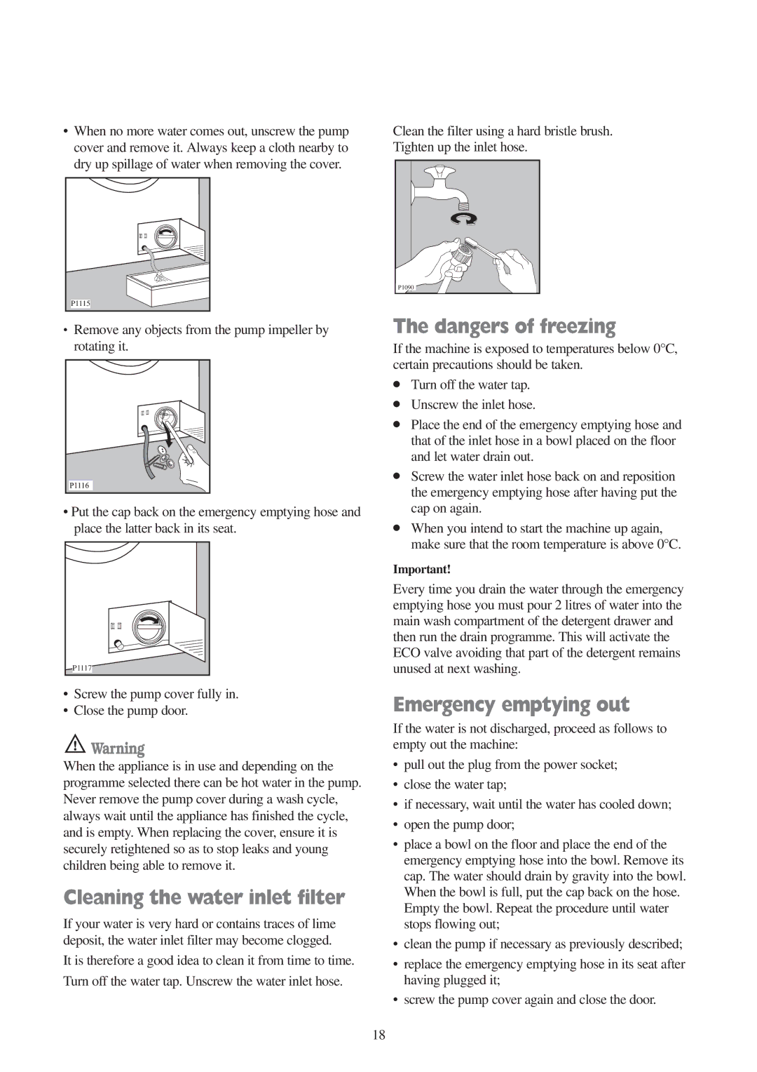 Tricity Bendix BIW 104 W installation instructions Cleaning the water inlet filter, Emergency emptying out 