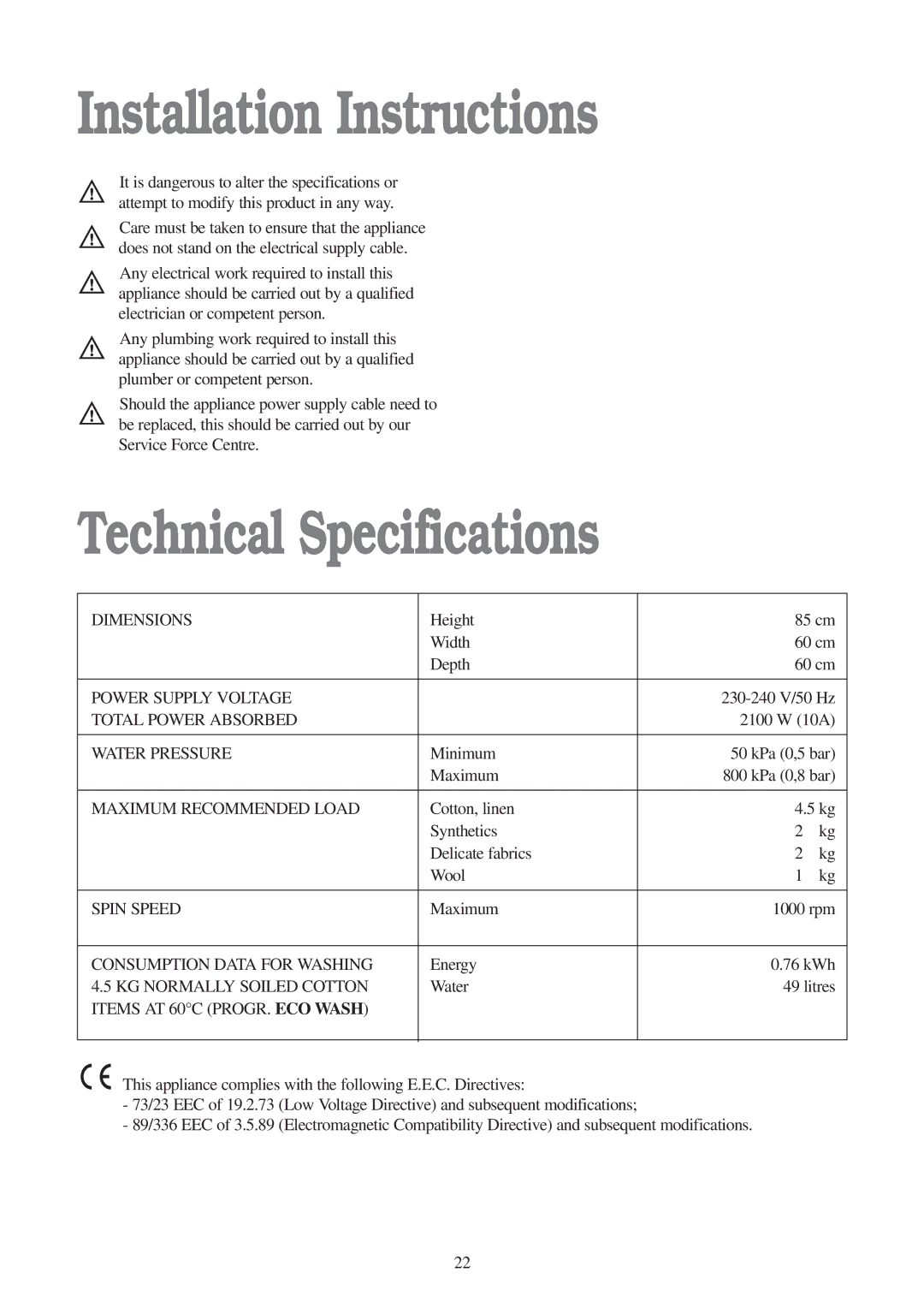 Tricity Bendix BIW 104 W installation instructions Installation Instructions, Technical Specifications 