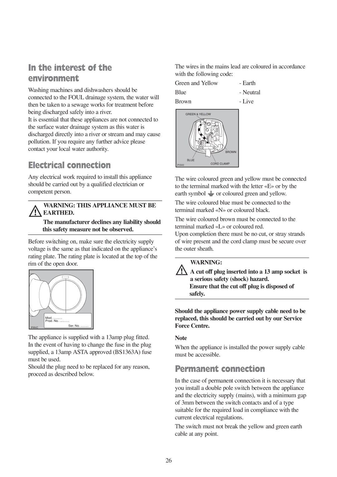 Tricity Bendix BIW 104 W installation instructions Interest of the environment, Electrical connection, Permanent connection 