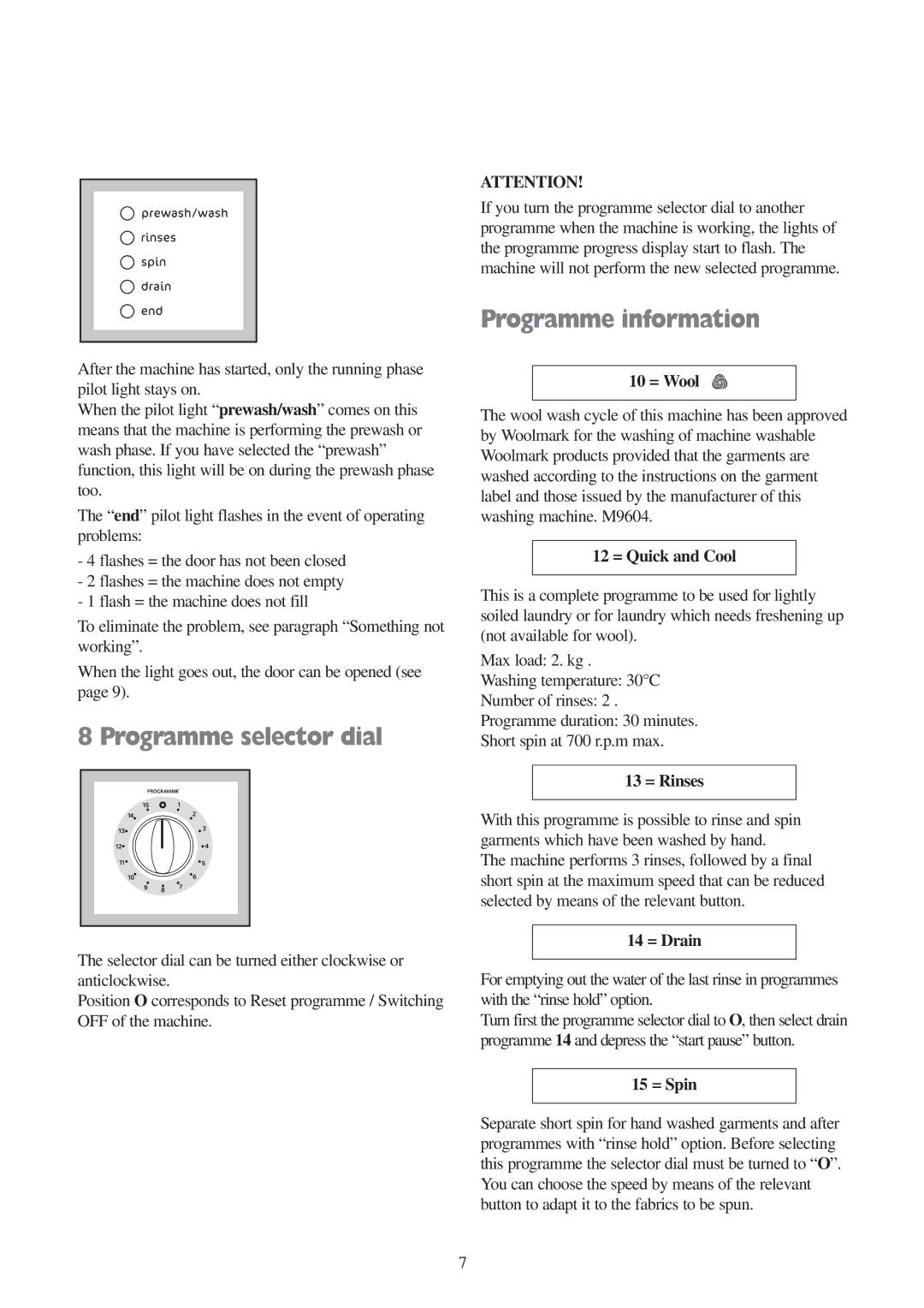 Tricity Bendix BIW 104 W installation instructions Programme selector dial, Programme information 