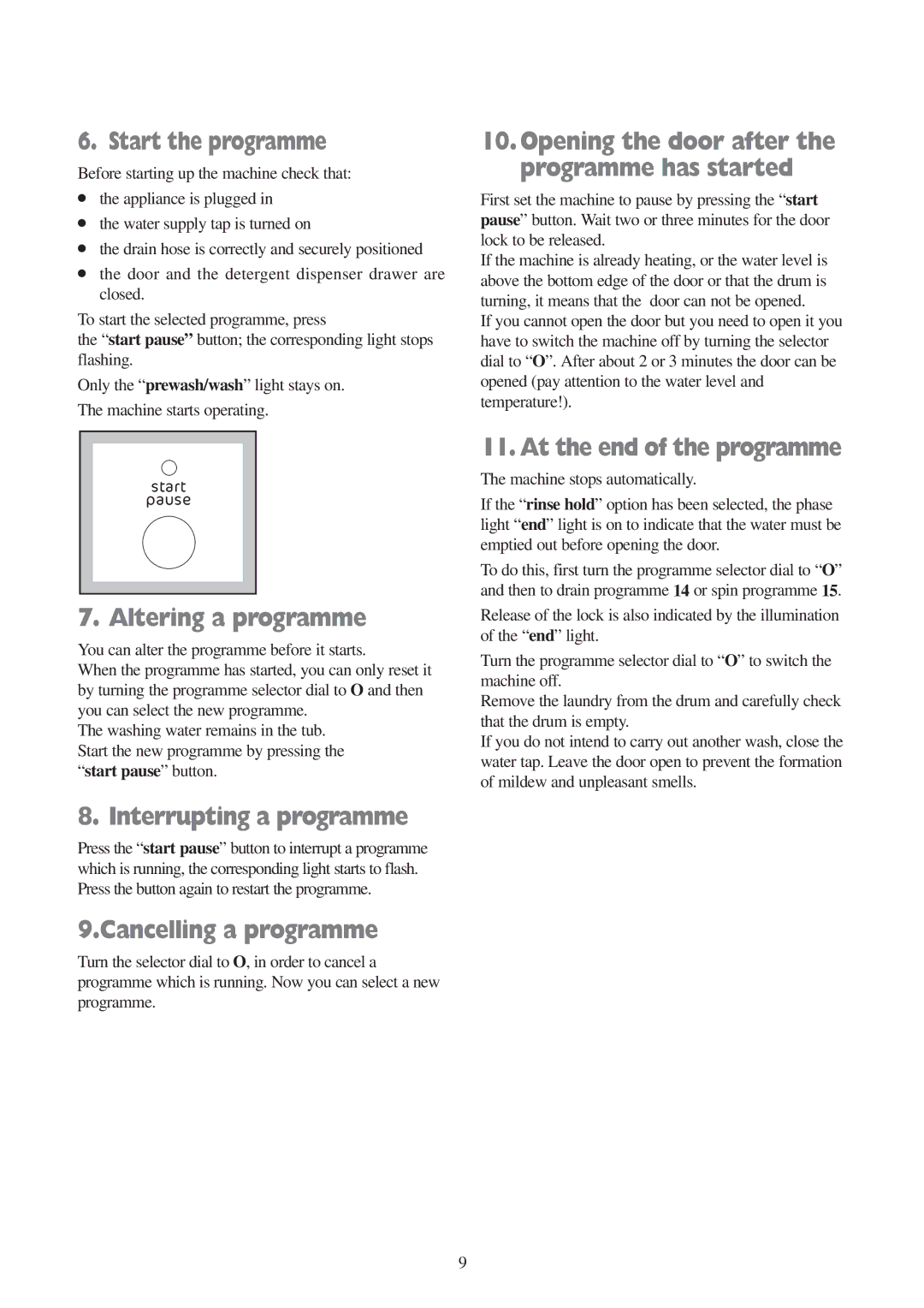 Tricity Bendix BIW 104 W Start the programme, Altering a programme, Interrupting a programme, Cancelling a programme 