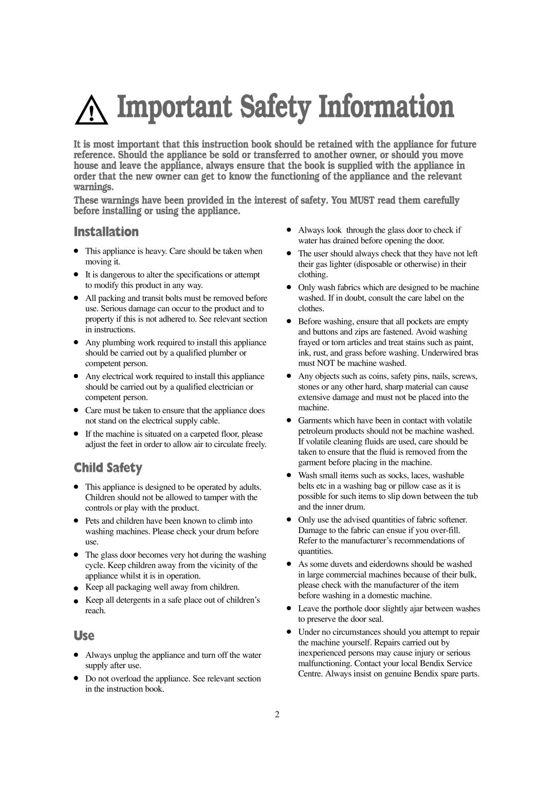 Tricity Bendix BIW 105 W installation instructions Installation, Child Safety, Use 