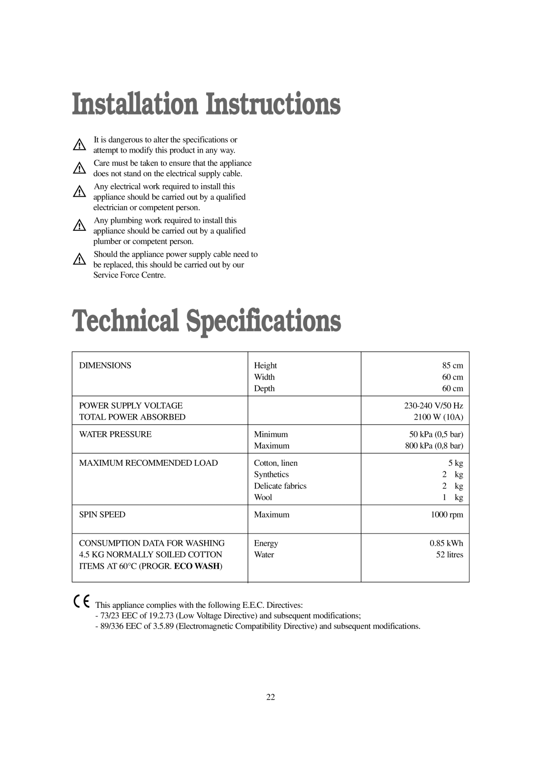 Tricity Bendix BIW 105 W installation instructions Installation Instructions, Technical Specifications 