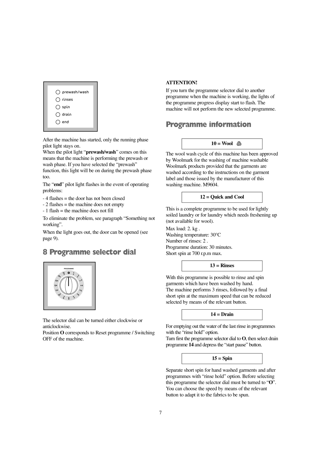 Tricity Bendix BIW 105 W installation instructions Programme selector dial, Programme information 