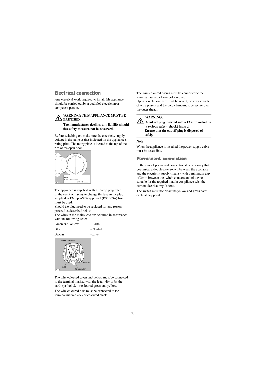 Tricity Bendix BIW 1000W, BIW 1200W installation instructions Electrical connection, Permanent connection 