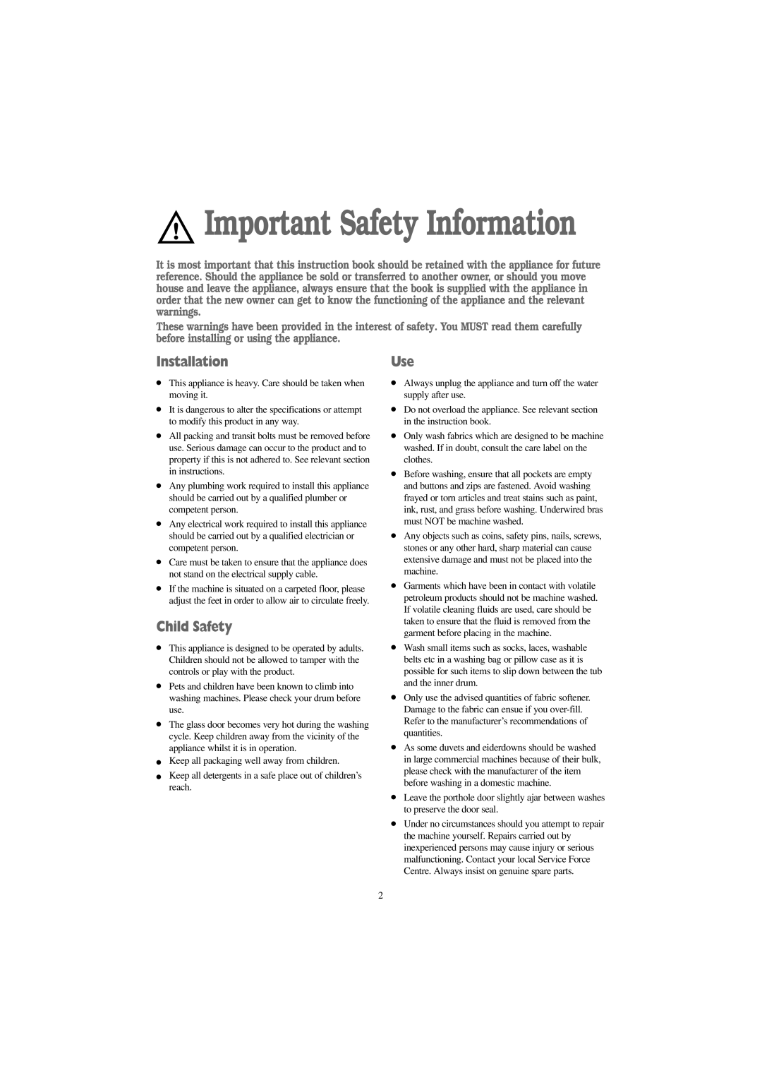 Tricity Bendix BIW 123 W installation instructions Installation, Child Safety, Use 