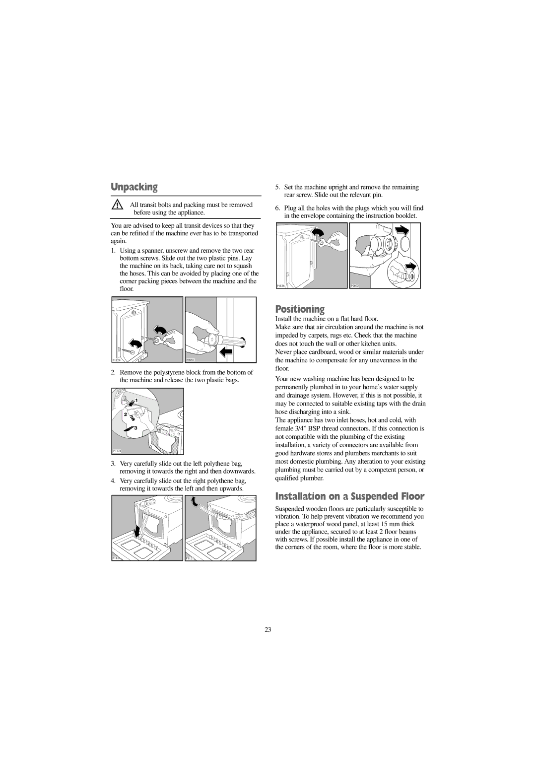 Tricity Bendix BIW 123 W installation instructions Unpacking, Positioning, Installation on a Suspended Floor 