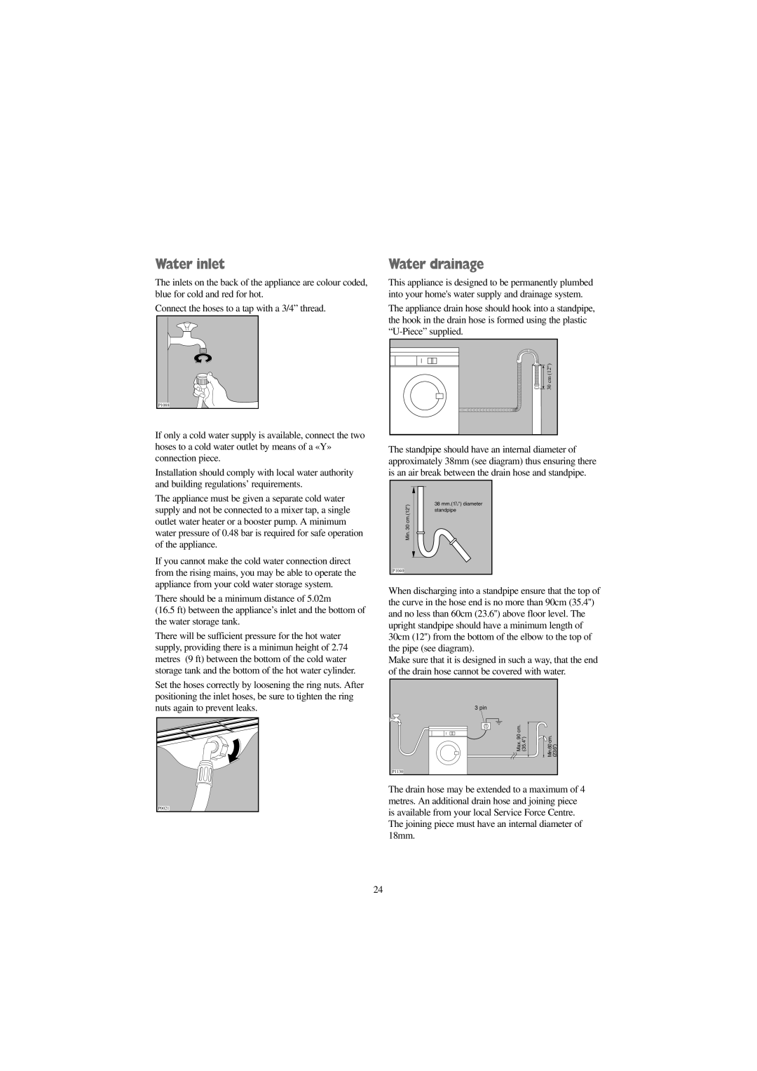 Tricity Bendix BIW 123 W installation instructions Water inlet, Water drainage 