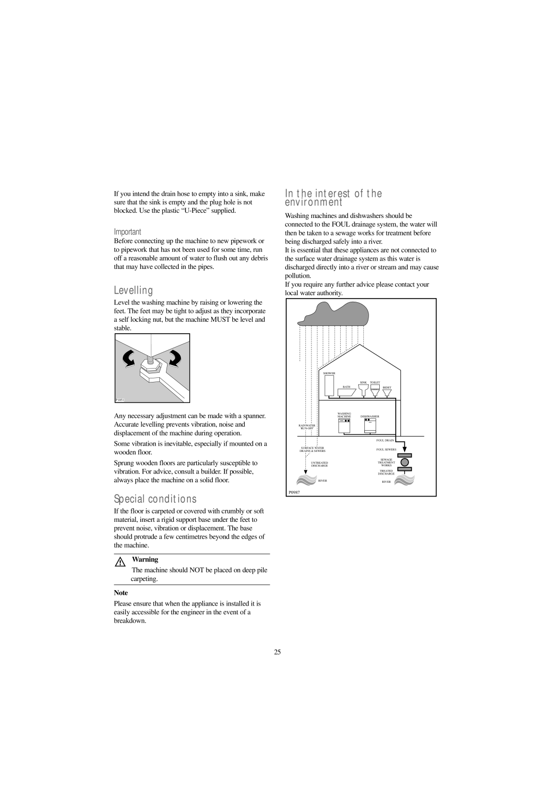 Tricity Bendix BIW 123 W installation instructions Levelling, Special conditions, Interest of the environment 