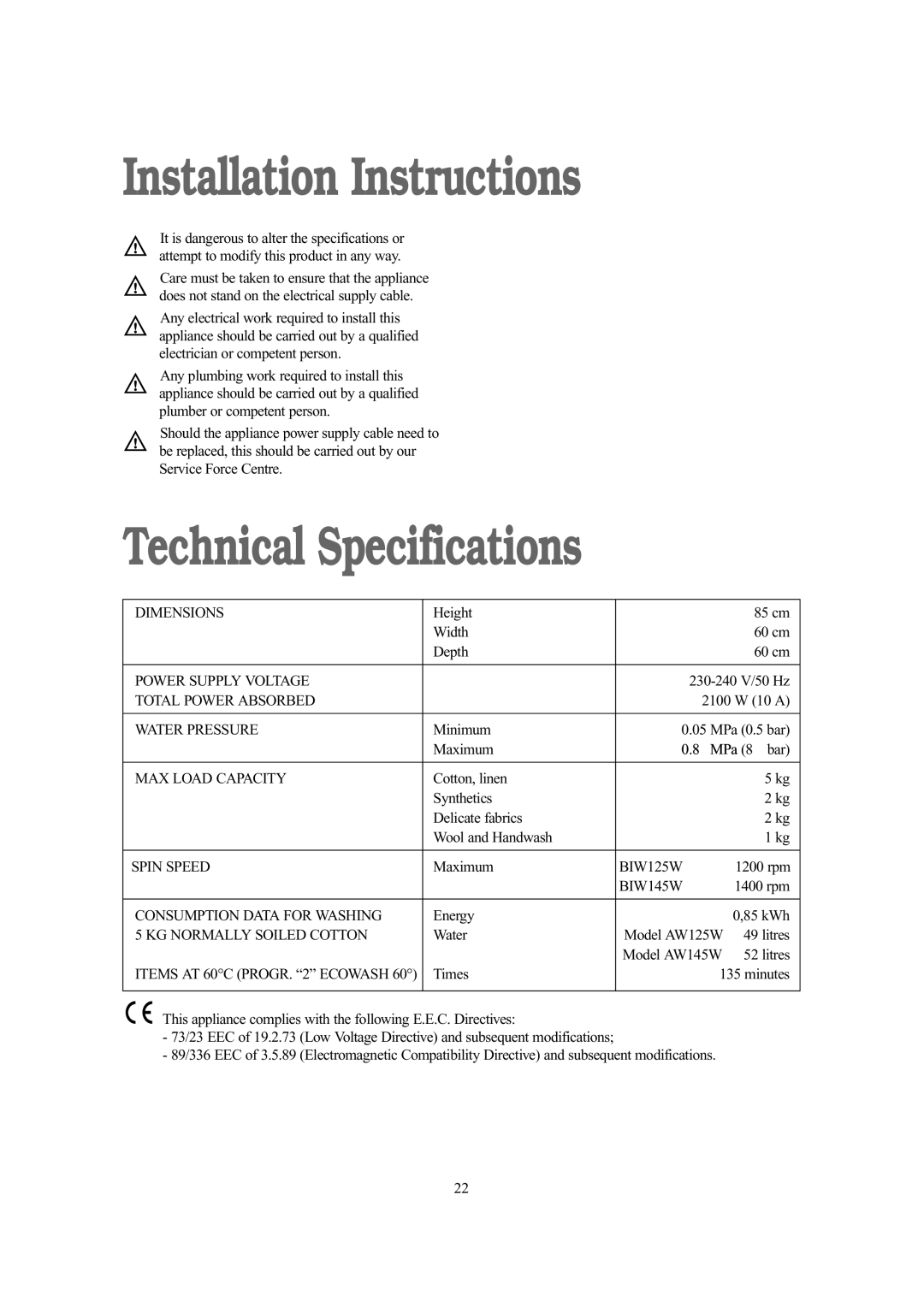 Tricity Bendix BIW 125 W, BIW 145 installation instructions Installation Instructions, Technical Specifications 