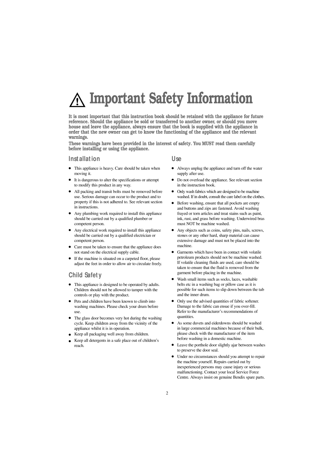 Tricity Bendix BIW 126 W installation instructions Installation, Child Safety, Use 