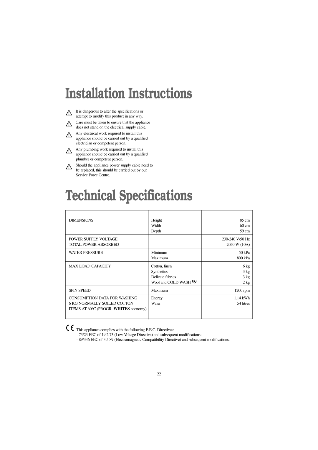 Tricity Bendix BIW 126 W installation instructions Installation Instructions, Technical Specifications 