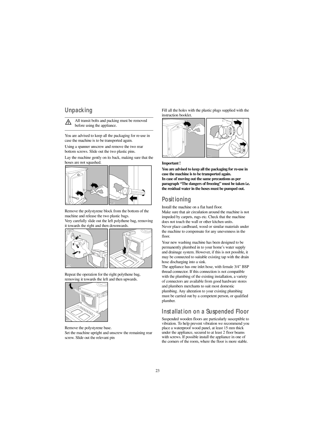 Tricity Bendix BIW 126 W installation instructions Unpacking, Positioning, Installation on a Suspended Floor 