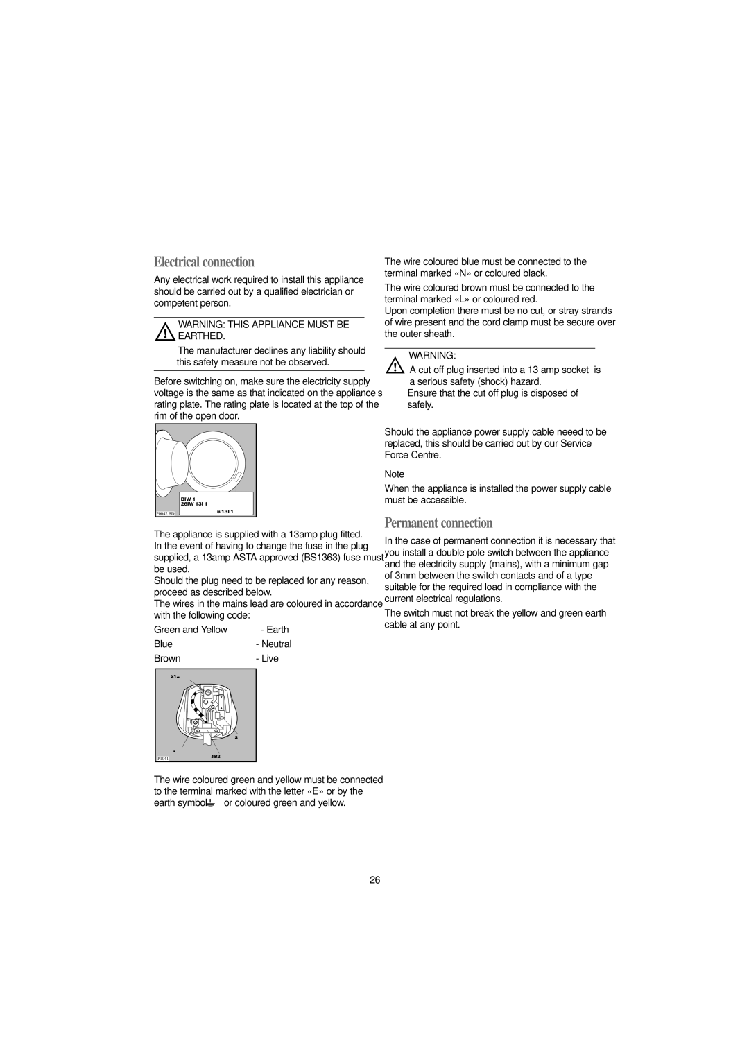 Tricity Bendix BIW 126 W installation instructions Electrical connection, Permanent connection 