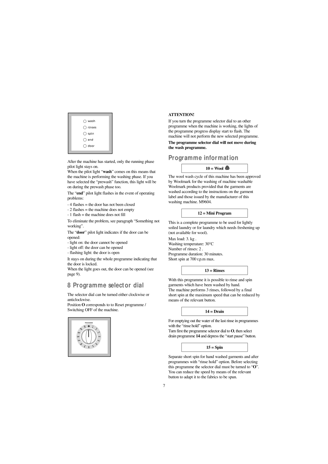 Tricity Bendix BIW 126 W installation instructions Programme selector dial, Programme information 