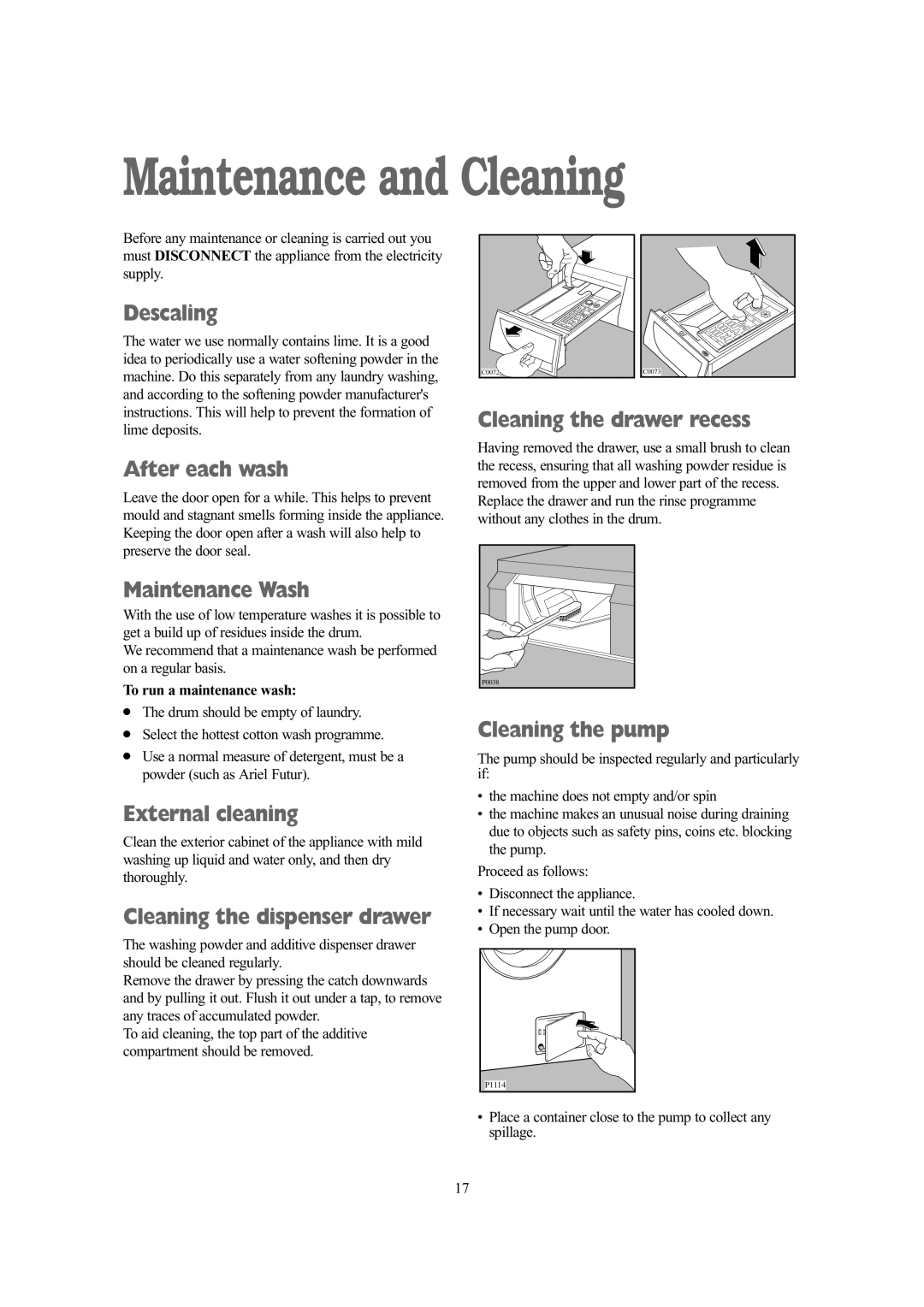 Tricity Bendix BIW 145 W installation instructions Maintenance and Cleaning 