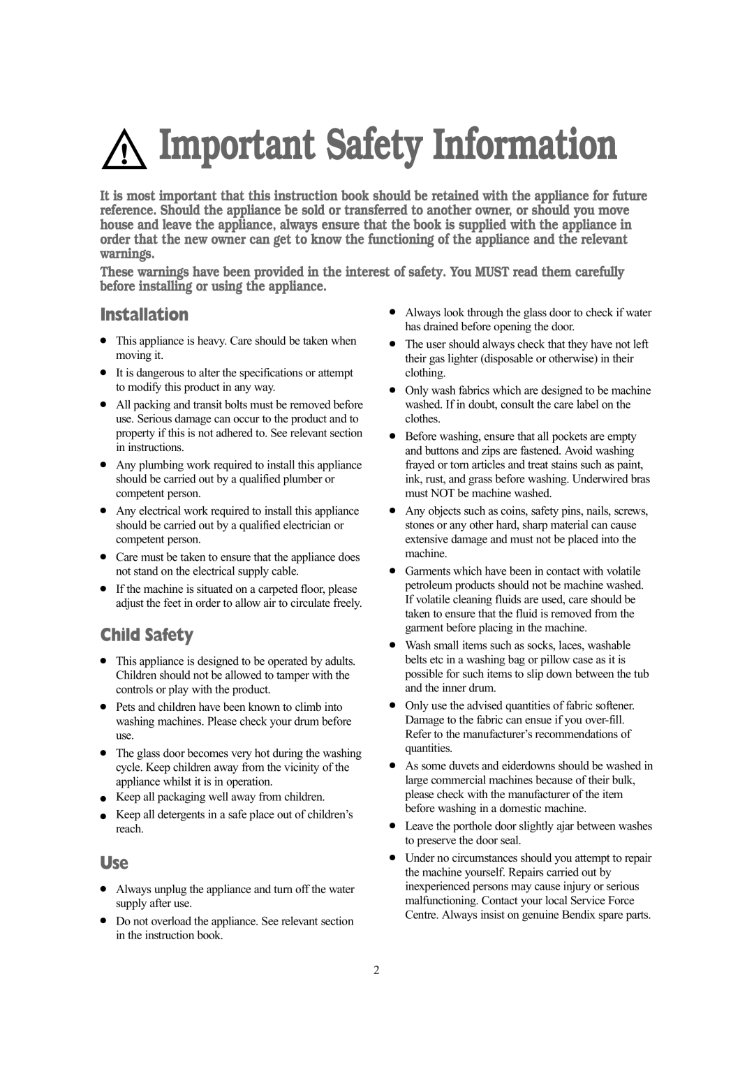 Tricity Bendix BIW 145 W installation instructions Installation, Child Safety, Use 