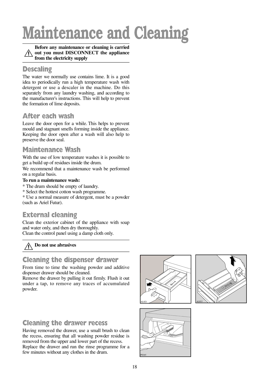 Tricity Bendix BIW 85 installation instructions Maintenance and Cleaning 