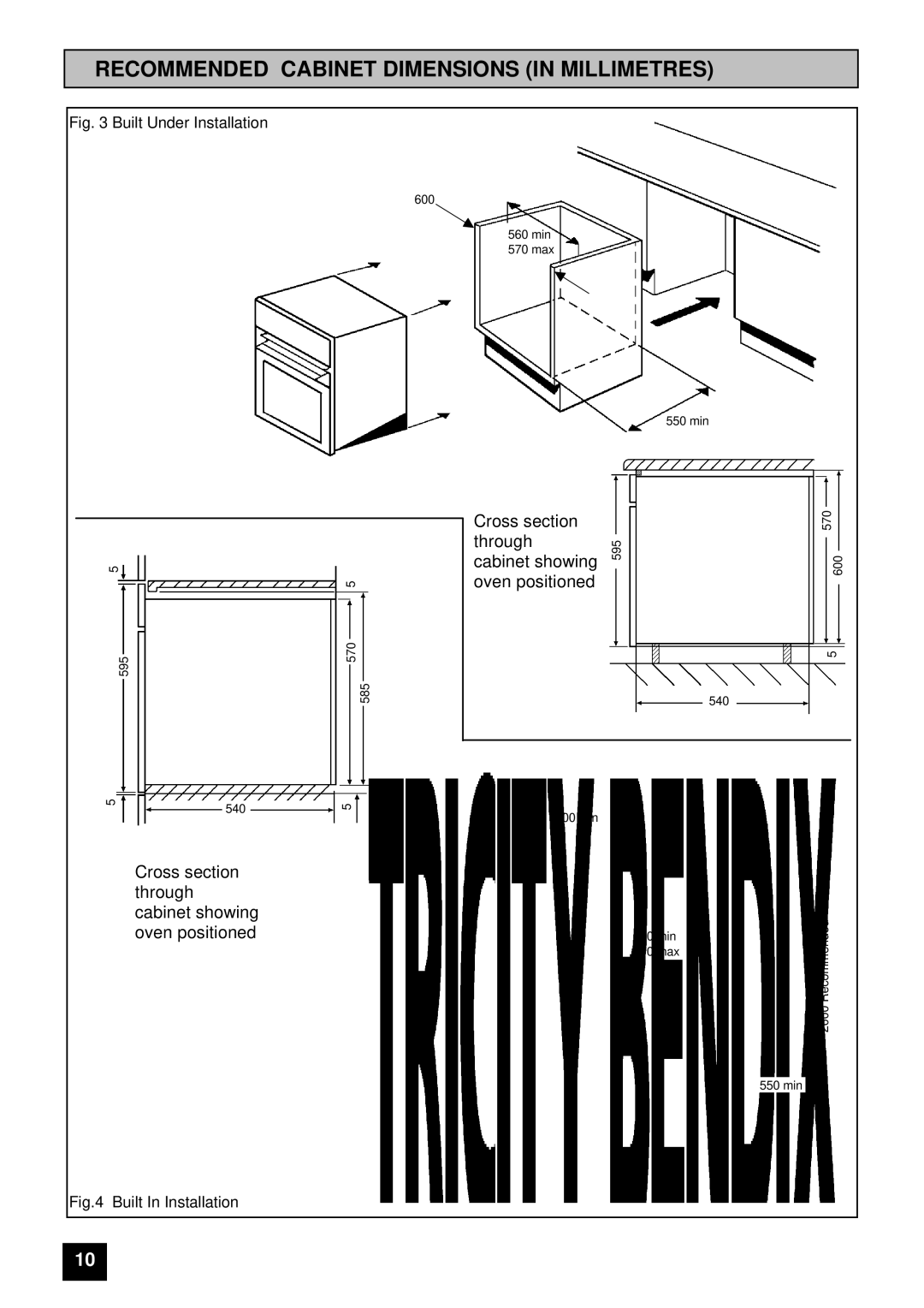 Tricity Bendix BS 600 Recommended Cabinet Dimensions in Millimetres, Cross section Through Cabinet showing Oven positioned 