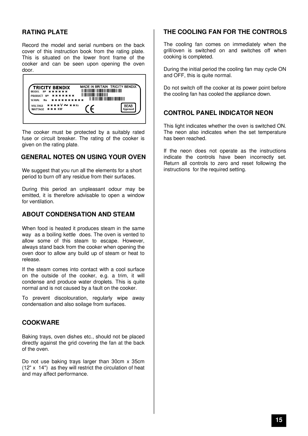 Tricity Bendix BS 600 Rating Plate, General Notes on Using Your Oven, About Condensation and Steam, Cookware 