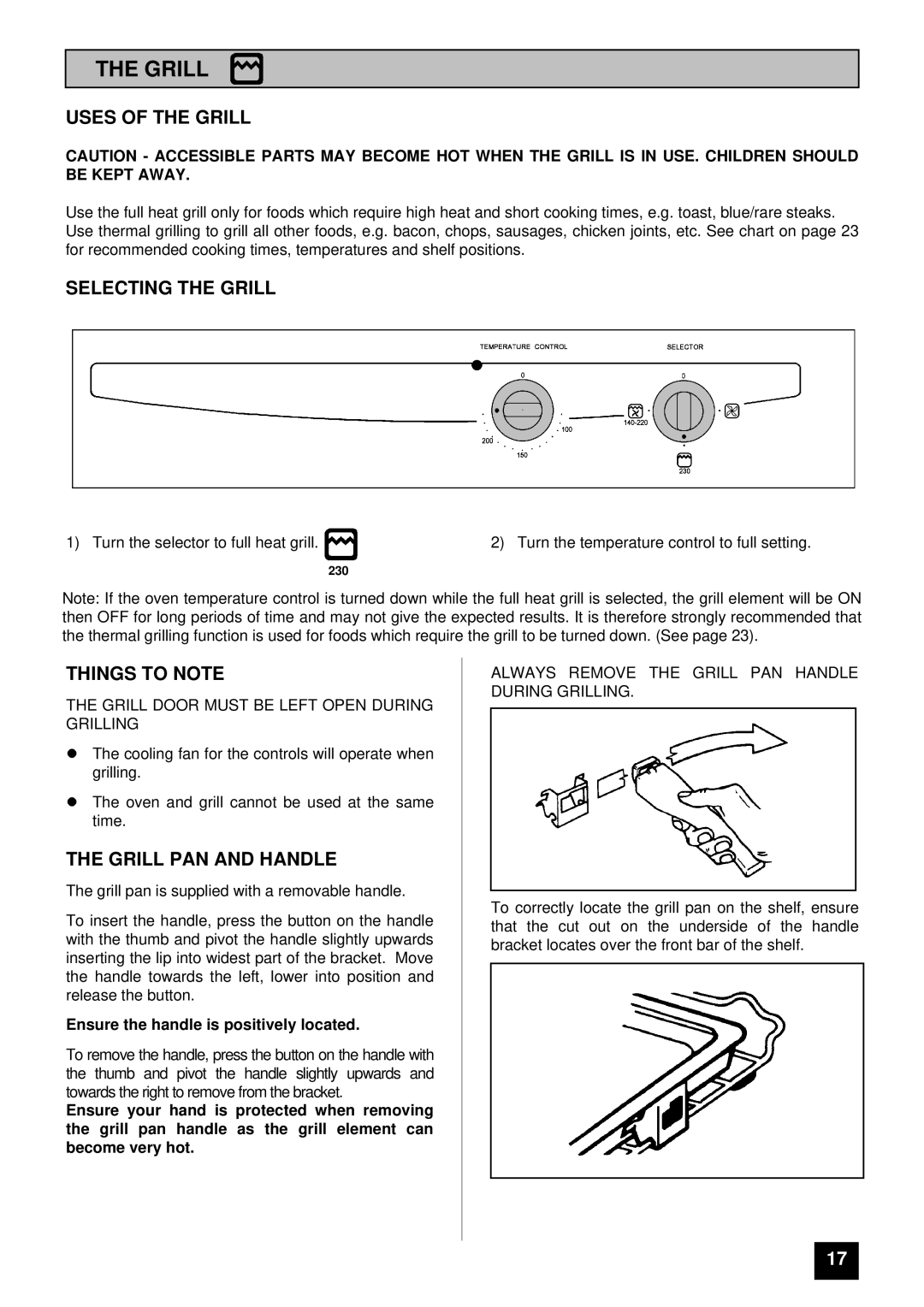 Tricity Bendix BS 600 Uses of the Grill, Selecting the Grill, Things to Note, Grill PAN and Handle 