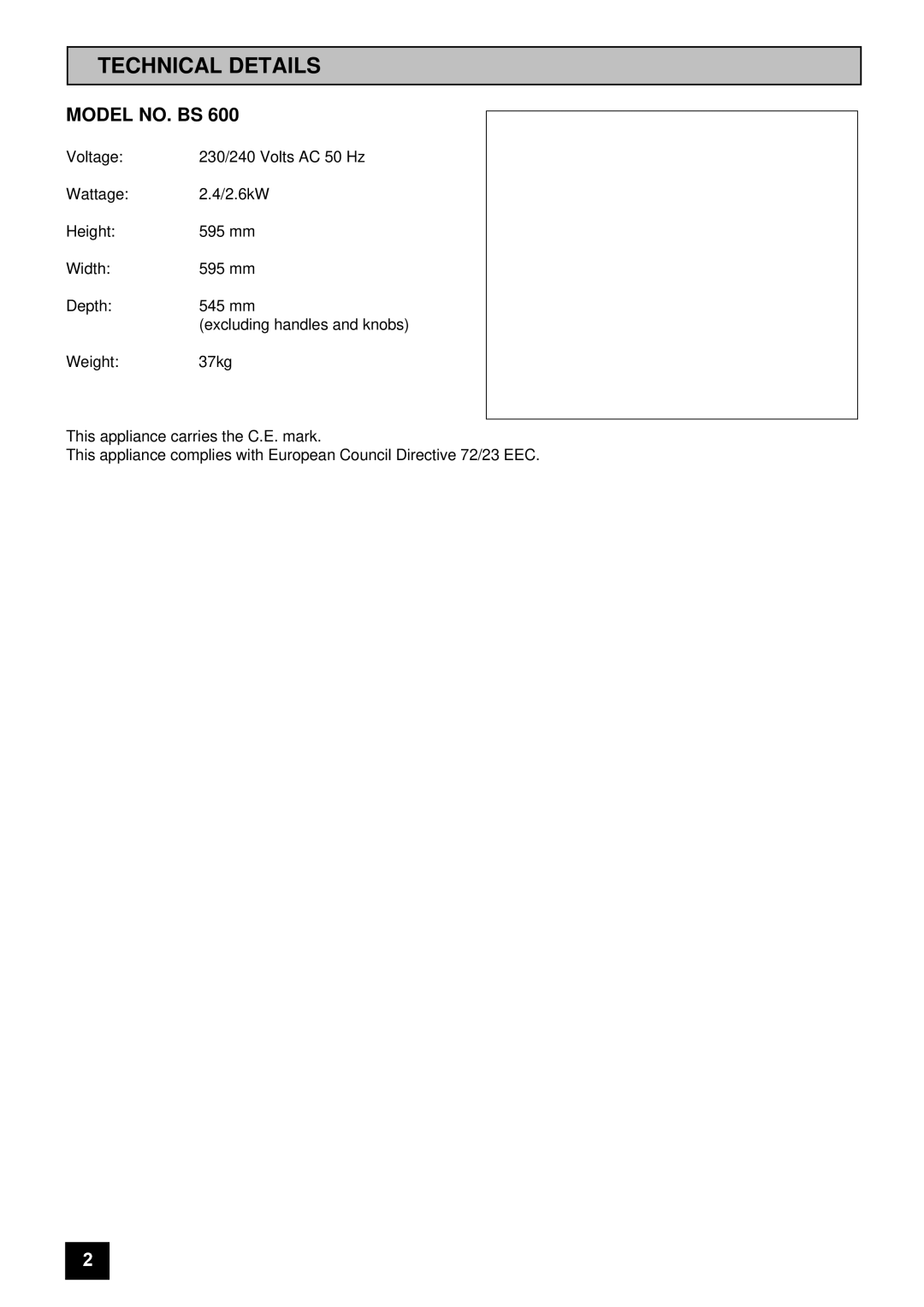 Tricity Bendix BS 600 installation instructions Technical Details, Model NO. BS 