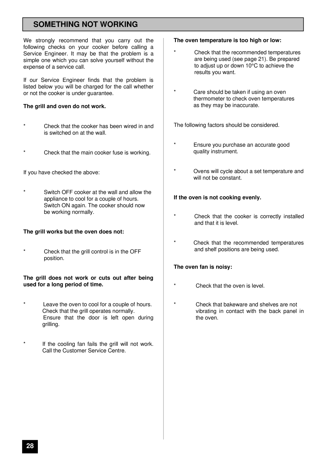 Tricity Bendix BS 600 installation instructions Something not Working, Grill and oven do not work 