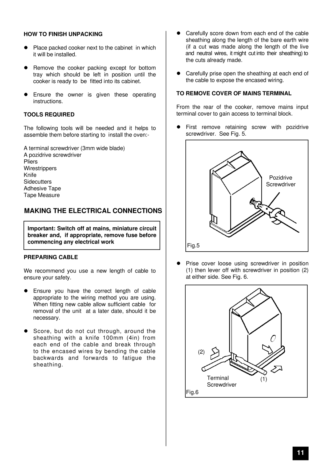 Tricity Bendix BS 611/BS 621 Making the Electrical Connections, HOW to Finish Unpacking, Tools Required, Preparing Cable 