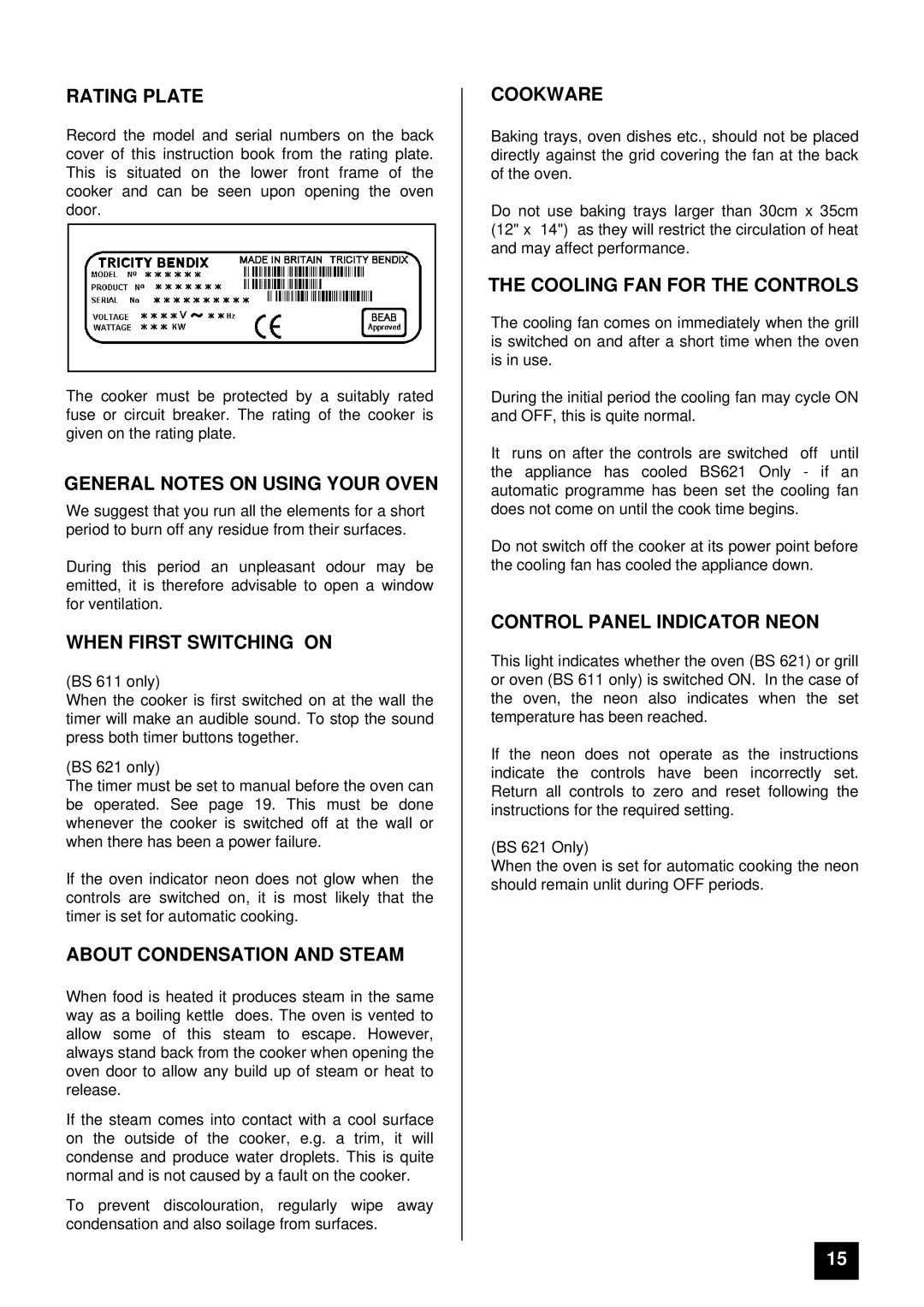 Tricity Bendix BS 611/BS 621 Rating Plate, General Notes on Using Your Oven, When First Switching on, Cookware 