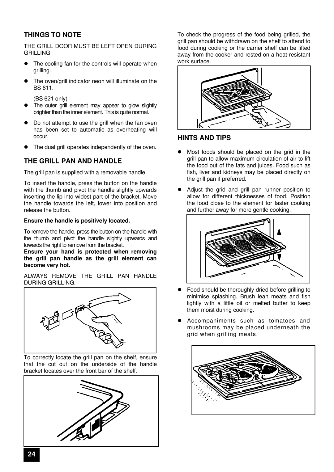 Tricity Bendix BS 611/BS 621 Grill PAN and Handle, Hints and Tips, Grill Door Must be Left Open During Grilling 